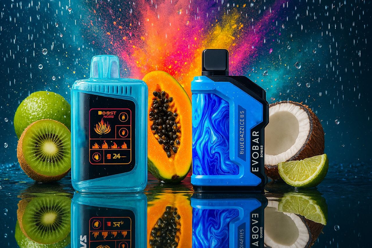 Two sleek blue vape devices are showcased against a vibrant, fruit-filled backdrop bursting with energy. The left device features a digital screen displaying icons like flames, droplets, and the word