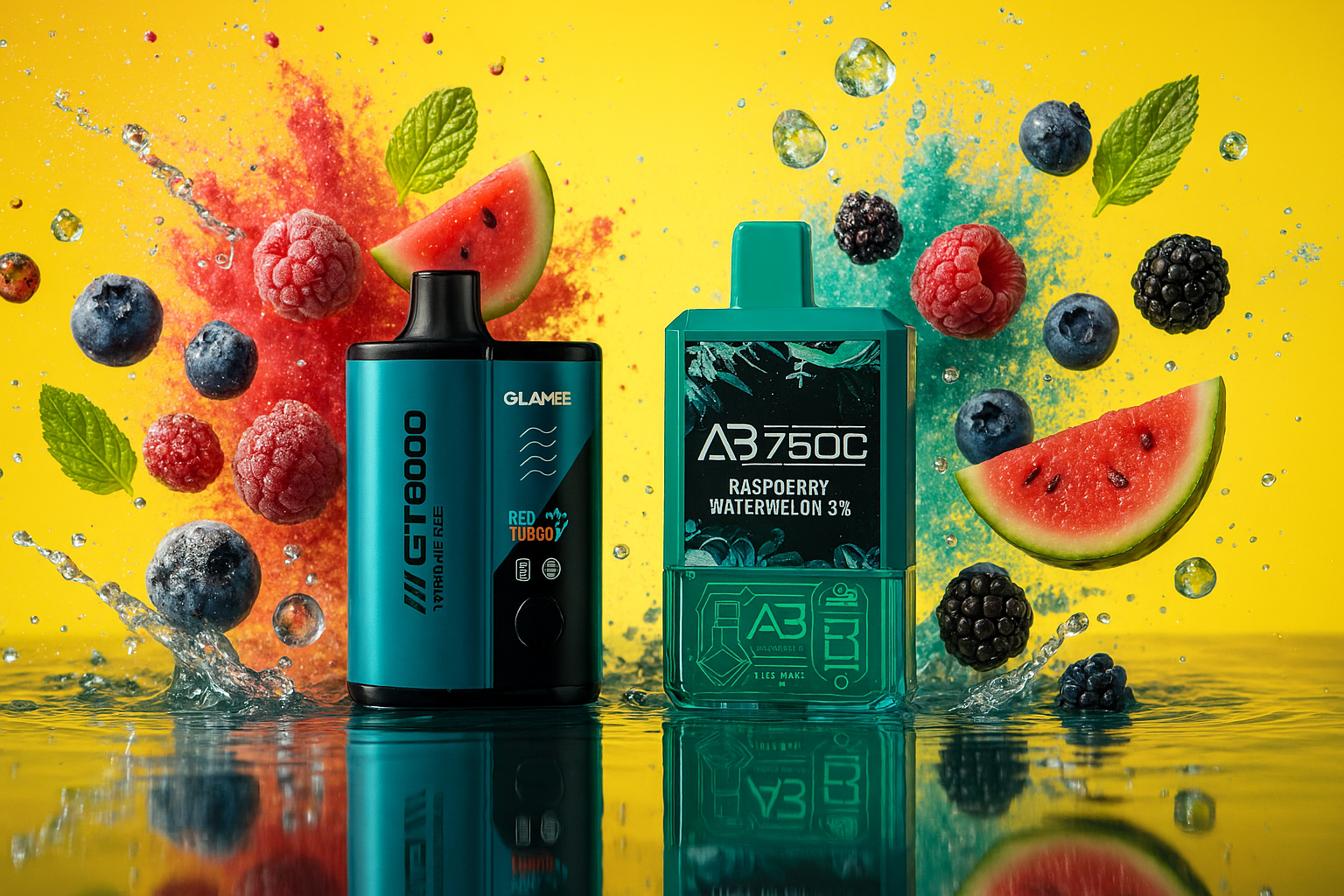 Set against a bold yellow backdrop, the image showcases two vibrant vaping devices surrounded by a burst of juicy fruits and splashing liquid. The