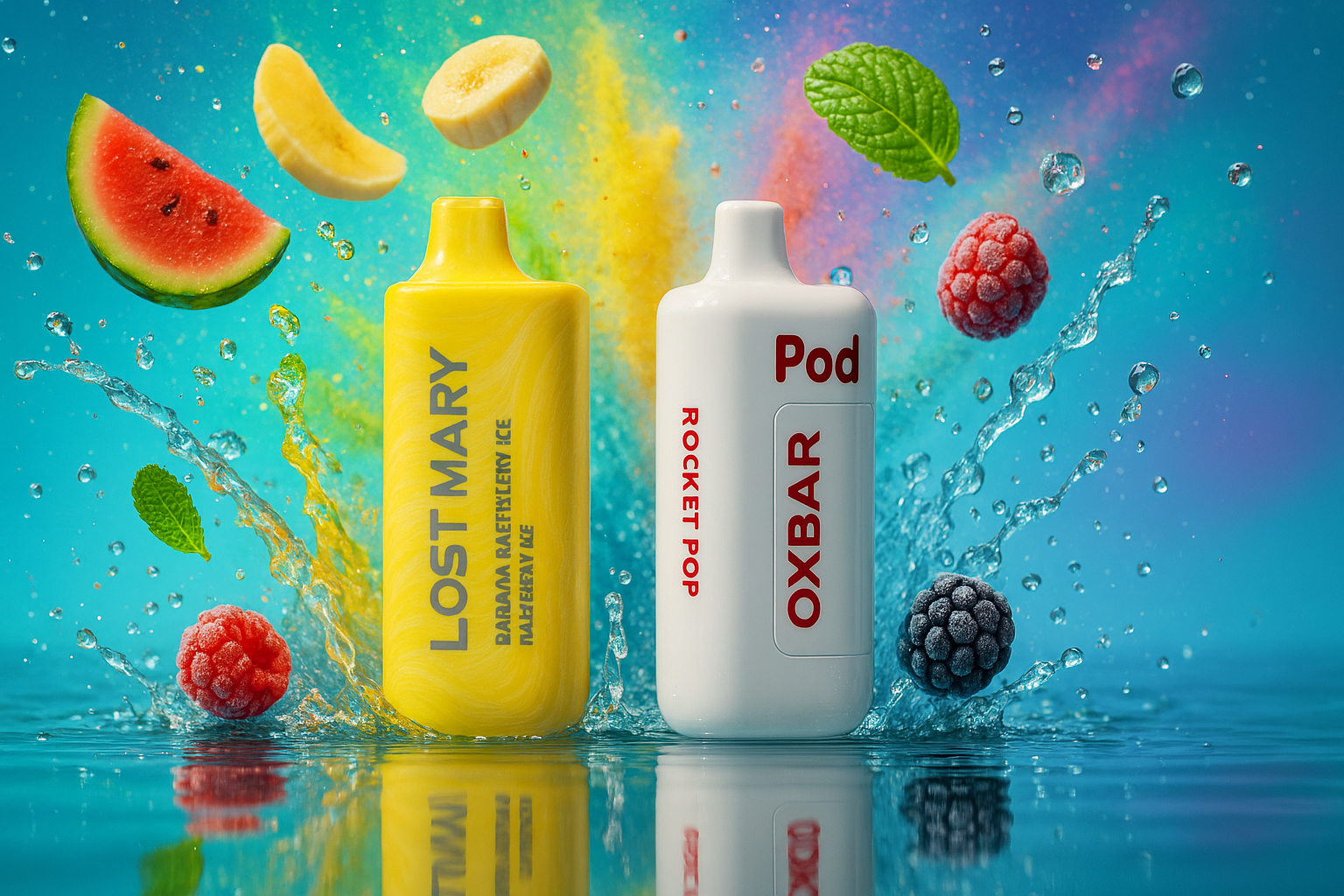 Two vibrant vape devices stand upright on a glossy water surface, surrounded by dynamic splashes and fresh fruit elements. The left device, in bright yellow, is branded