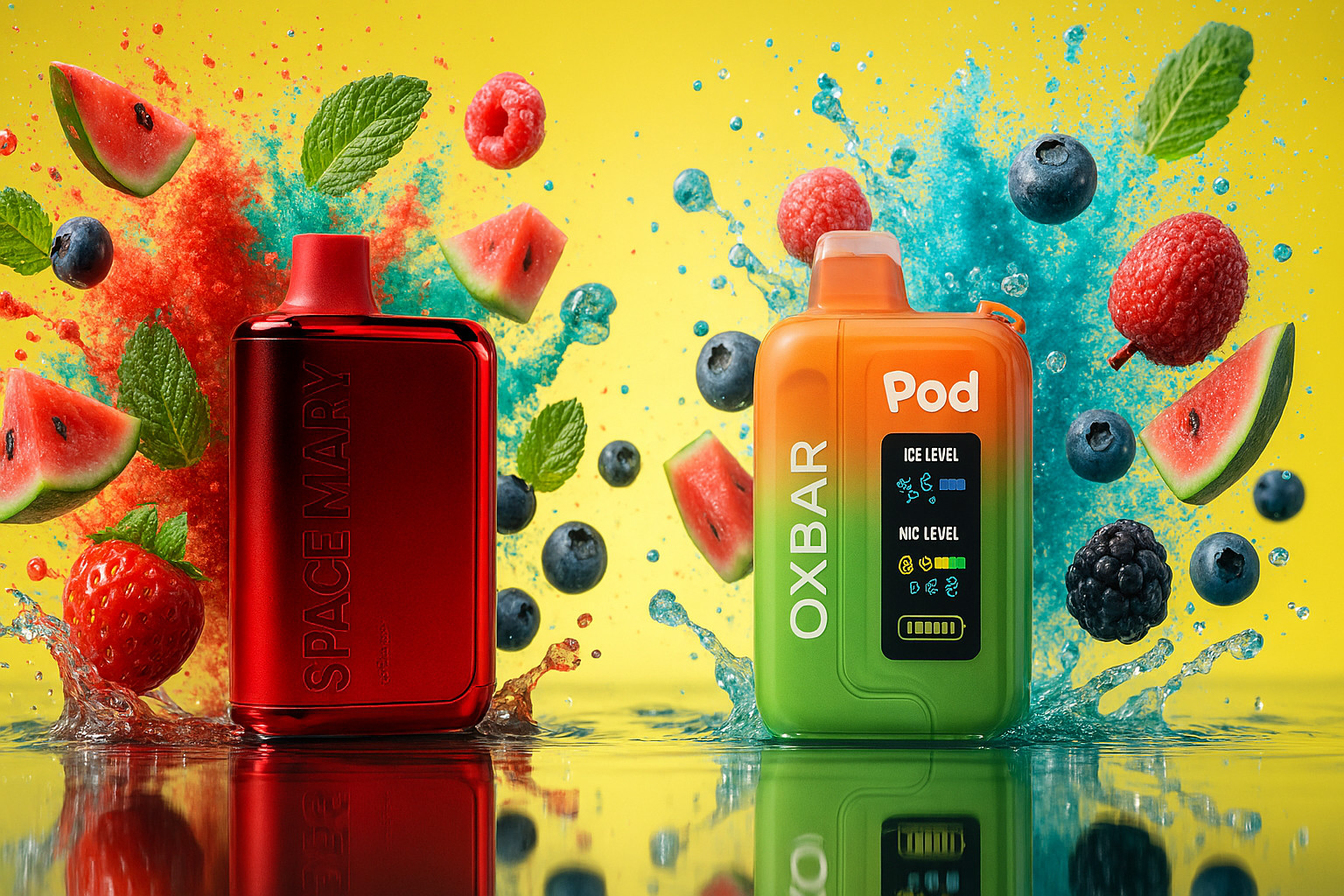 In a burst of vivid color and motion, two eye-catching vape devices are surrounded by an explosion of fruits and liquid splashes against a bold yellow backdrop. The red