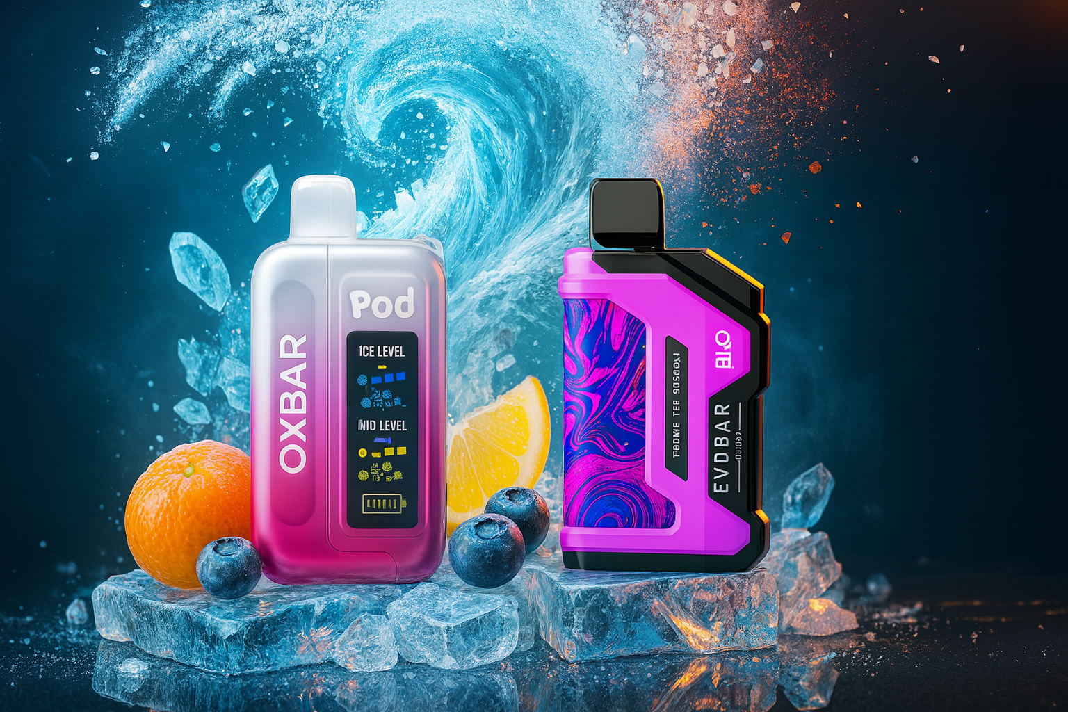 The image showcases two vibrant vape devices resting on a bed of ice, surrounded by fresh fruits including a sliced orange, lemon wedge, and scattered blueberries. On the left, the OXBAR Pod stands out with its pink-and-white transparent casing, featuring digital indicators for