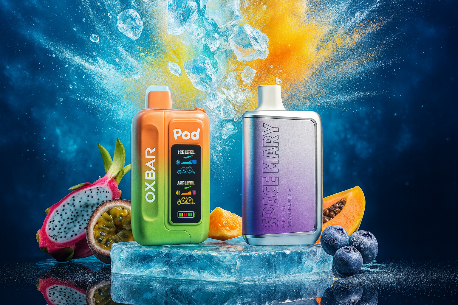 The image captures two vibrant vape devices—OXBAR Pod and SPACE MARY—resting on a crystal-clear ice block, surrounded by an explosion of exotic fruits including dragon fruit, passion fruit, papaya, and blueberries. The OXBAR Pod features a sleek display with indicators for ICE LEVEL, JUICE LEVEL, and battery status, while SPACE MARY boldly invites users to “Taste the Universe” with its cosmic branding. Behind them, a dynamic splash of water and ice creates a sense of motion and freshness, amplifying the visual drama and suggesting a rich, multisensory flavor experience.