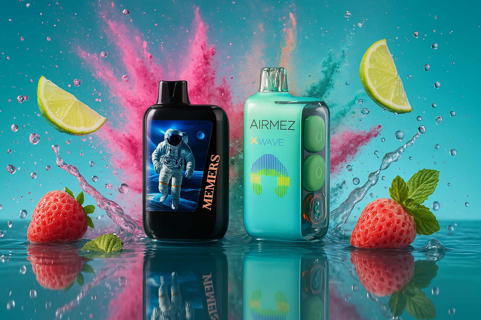 On a sleek reflective surface splashed with droplets and dynamic water bursts, two visually striking vape devices take the spotlight—one in matte black, featuring a bold astronaut illustration and vertical