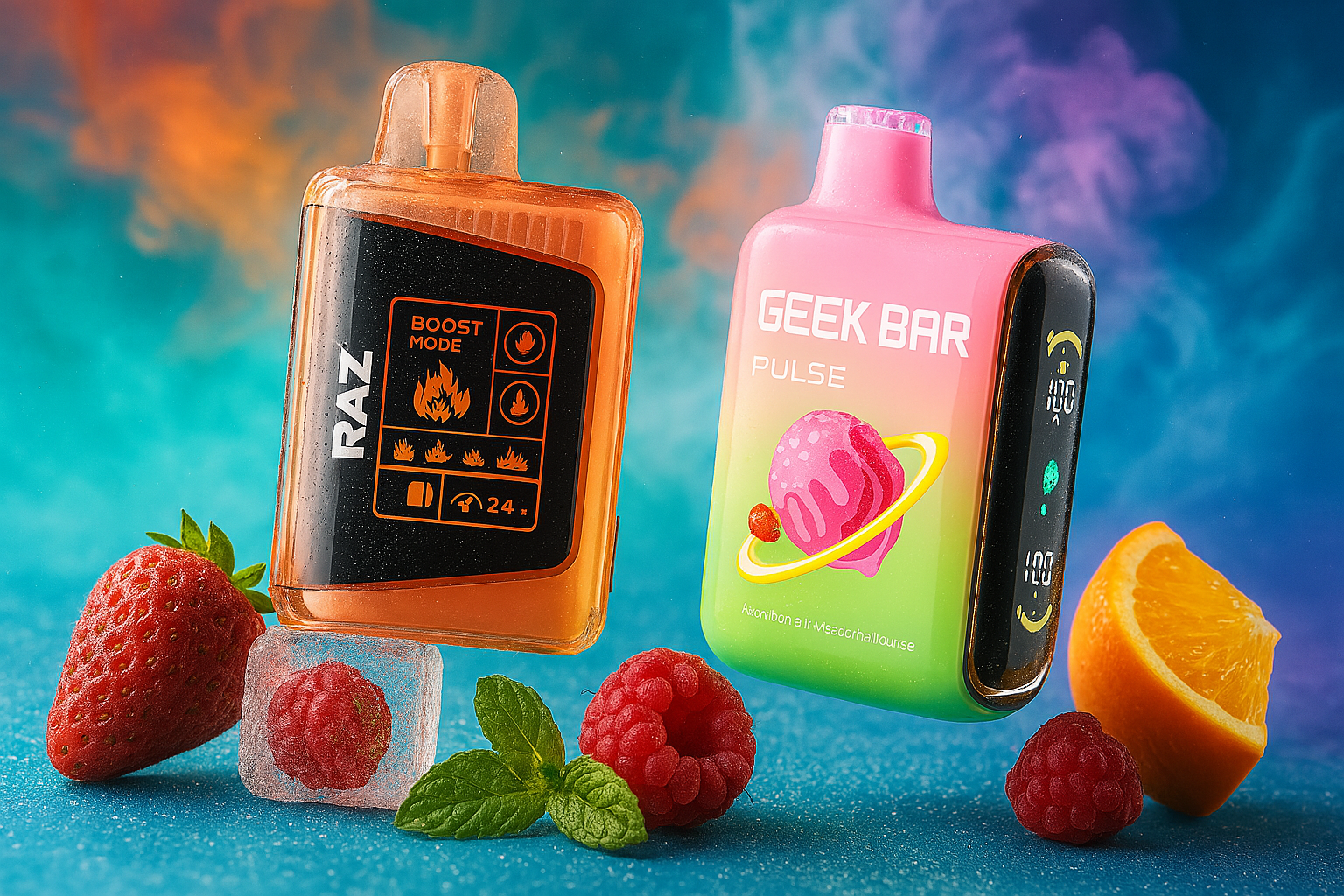 Two vibrant vaping devices take center stage in this dynamic composition, nestled among fresh fruits and icy accents. The orange “RAZ” device, set to “BOOST MODE,” emits an energetic vibe with flame icons and a glowing battery indicator. Beside it, the pink “GEEK BAR PULSE” features a playful planetary motif and juicy raspberry imagery. Surrounding them are strawberries, raspberries (one encased in a translucent ice cube), fresh mint leaves, and a glistening orange slice—all creating a cool, fruity atmosphere bursting with flavor and motion.