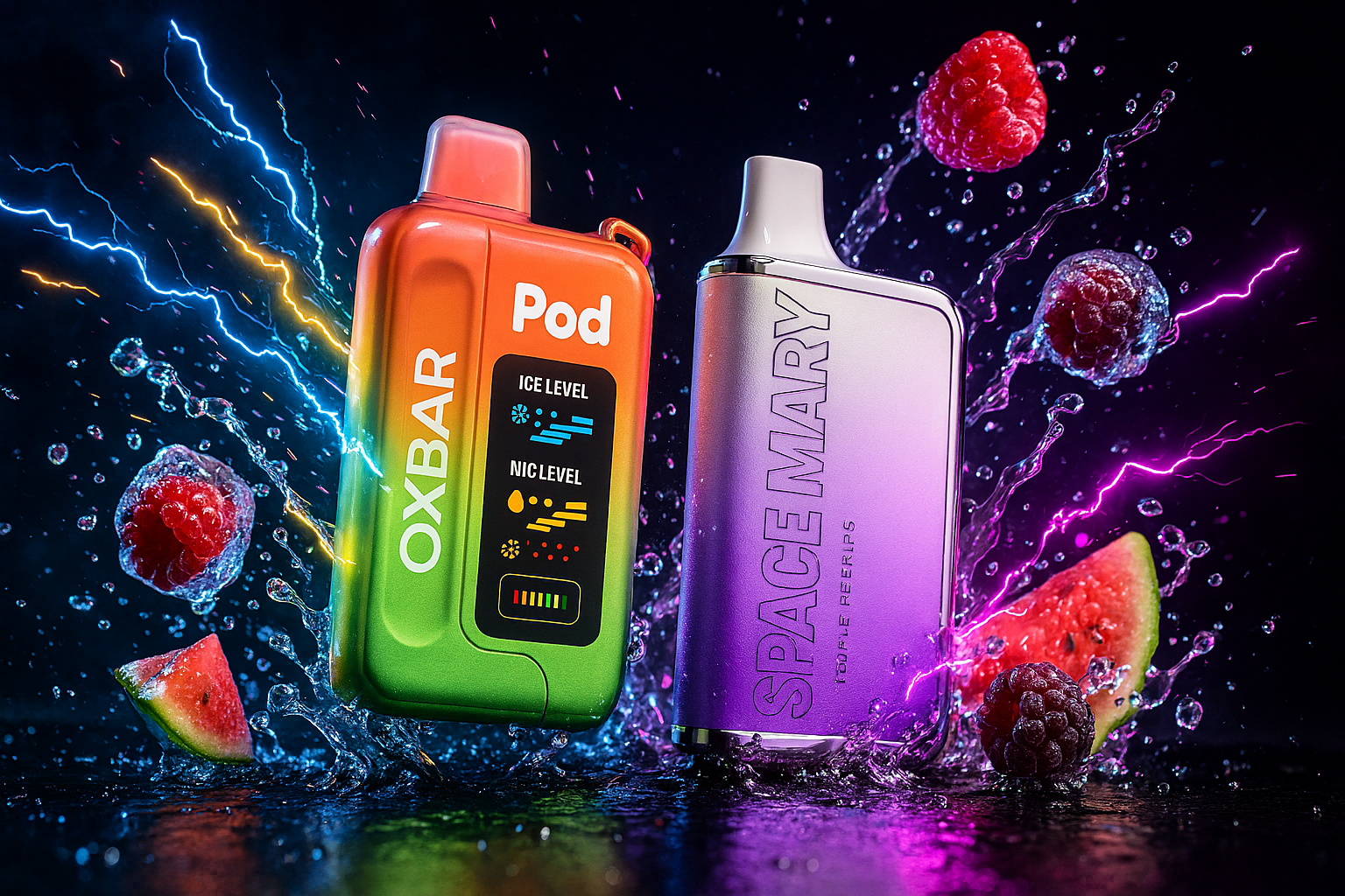The image features two vibrant vaping devices—one labeled