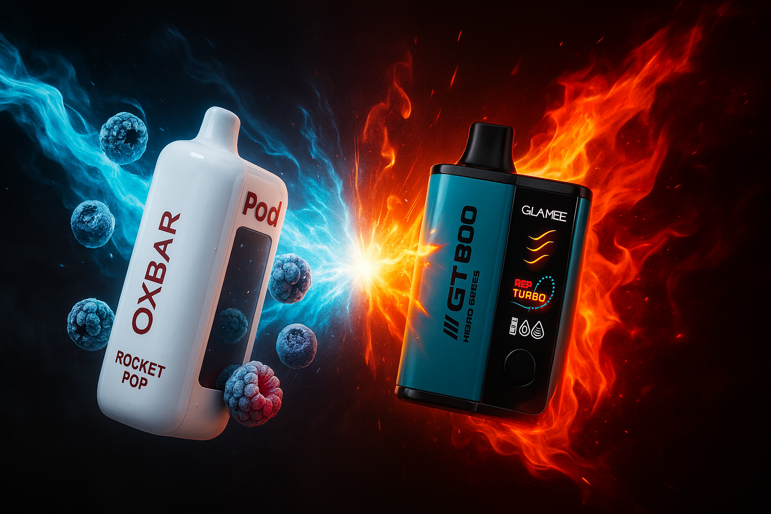 The image showcases two contrasting vaping devices set against a dramatic backdrop of fire and ice. On the left, a white