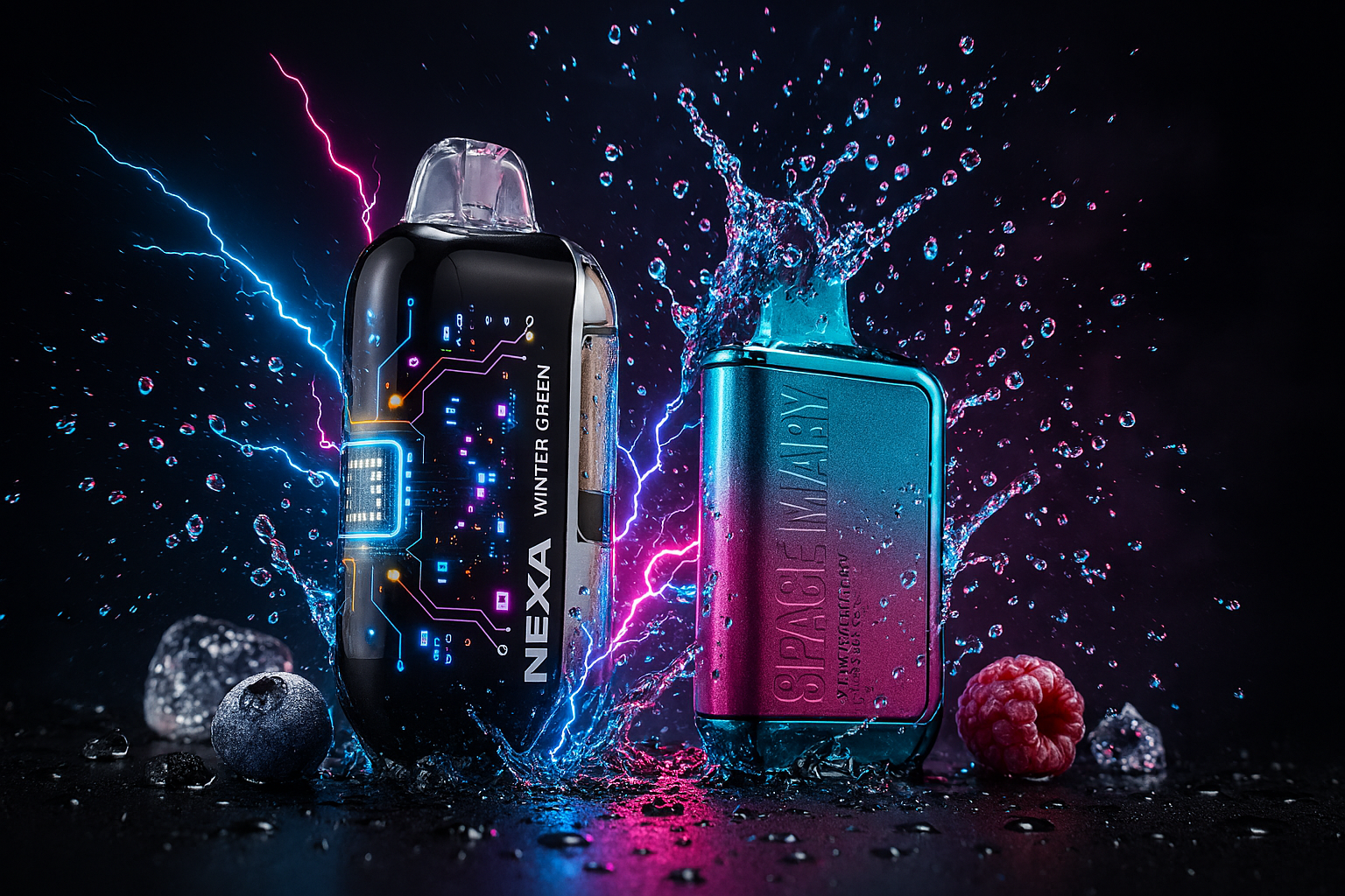 The image presents two sleek vaping devices—“NEXA WINTER GREEN” with a futuristic, circuit-inspired design and glowing accents, and “SPACE MARY” featuring a metallic blue-to-pink gradient finish. They’re surrounded by dynamic splashes of water, fresh blueberries and raspberries, and electric sparks that energize the scene. The vibrant colors and motion effects create a bold, flavor-charged atmosphere that highlights the devices’ modern appeal.