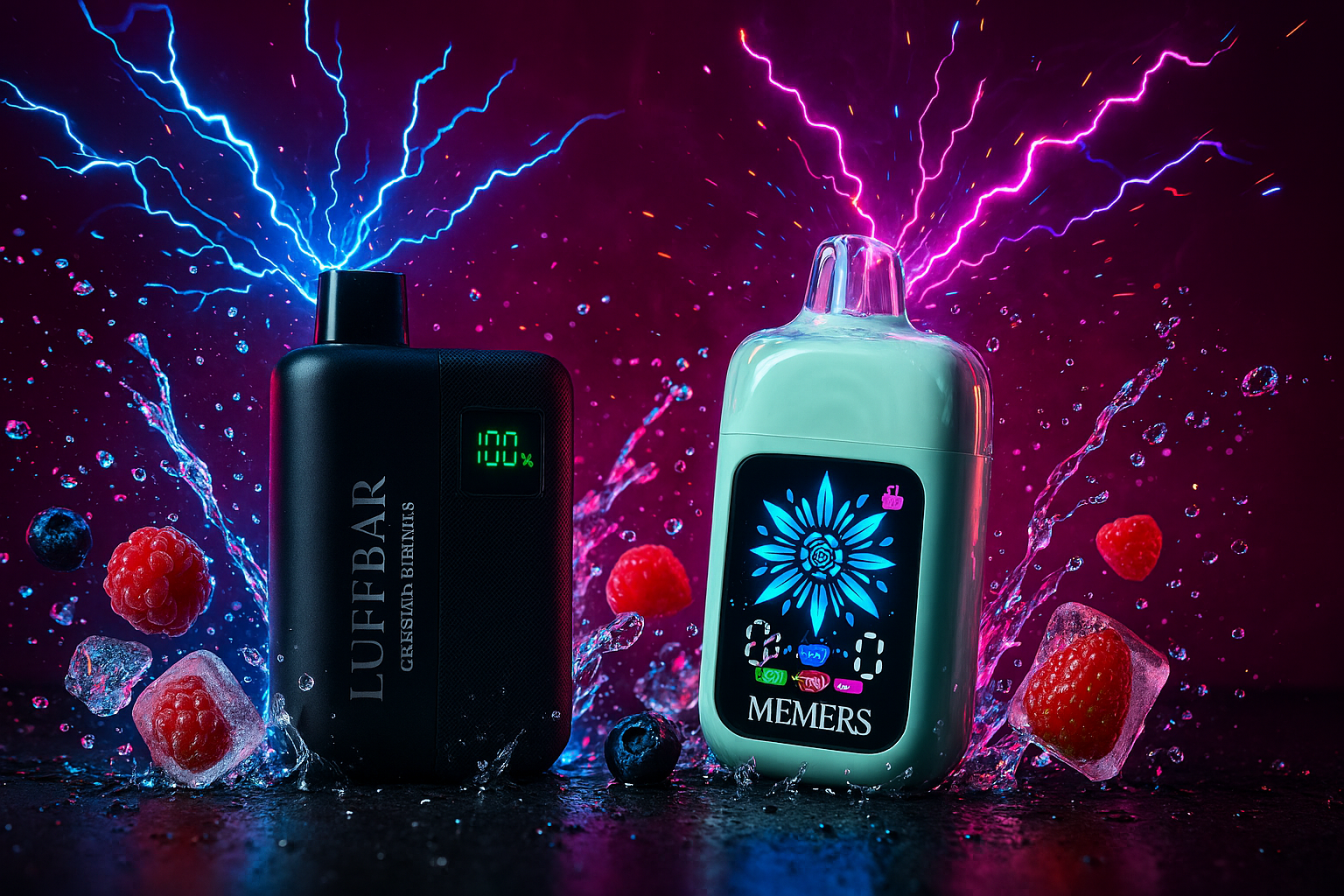 The image presents two futuristic vape devices nestled in a bed of glossy soap bubbles. The left device is black with a pink top, glowing blue circuit-like patterns, and labeled “NEXA” and “OTINISBLISS.” The right device is sleek white with a black screen and bold red “OXBAR Pod” branding. The soft blue background and shimmering bubbles create a clean, playful atmosphere, blending high-tech design with a sense of purity and freshness.