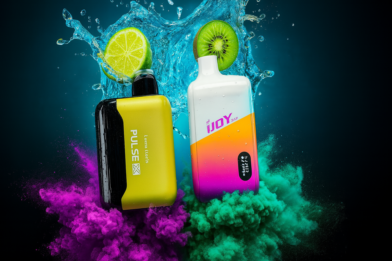 The image showcases two vibrant vape devices surrounded by dynamic splashes and colored smoke effects. The left device, labeled
