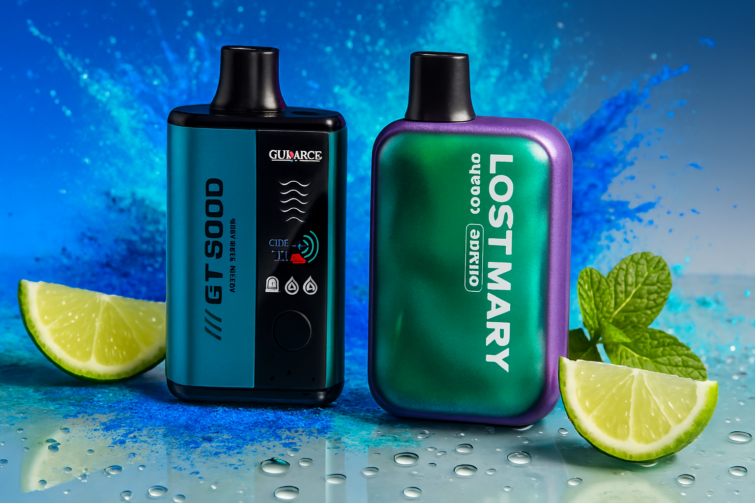The image features two sleek vaping devices positioned on a glossy, water-dappled surface. One device, labeled