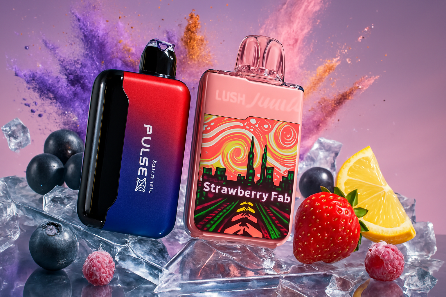 The image showcases a bold and colorful vape-themed arrangement. Two distinct vape devices rest on a bed of shimmering ice cubes, surrounded by ripe fruits—blueberries, a raspberry, a strawberry, and a vibrant lemon slice. On the left, the