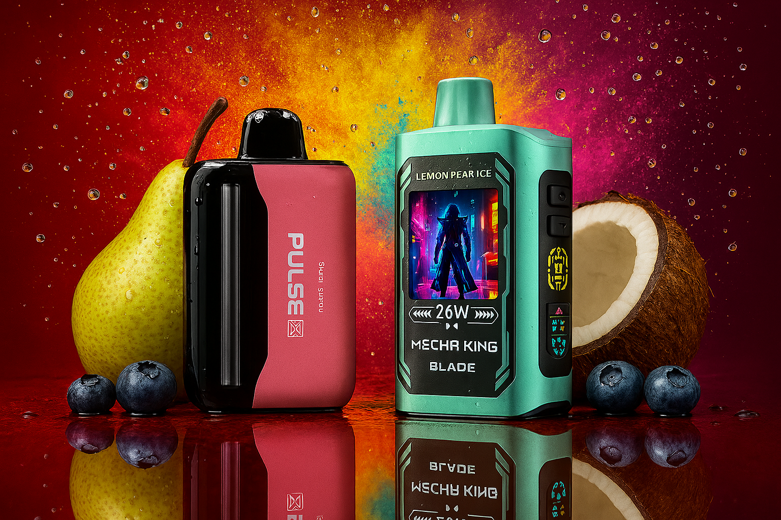 The image showcases two vape devices set against a vivid, high-energy backdrop bursting with splashes of yellow, orange, and red. On the left, the sleek red-and-black