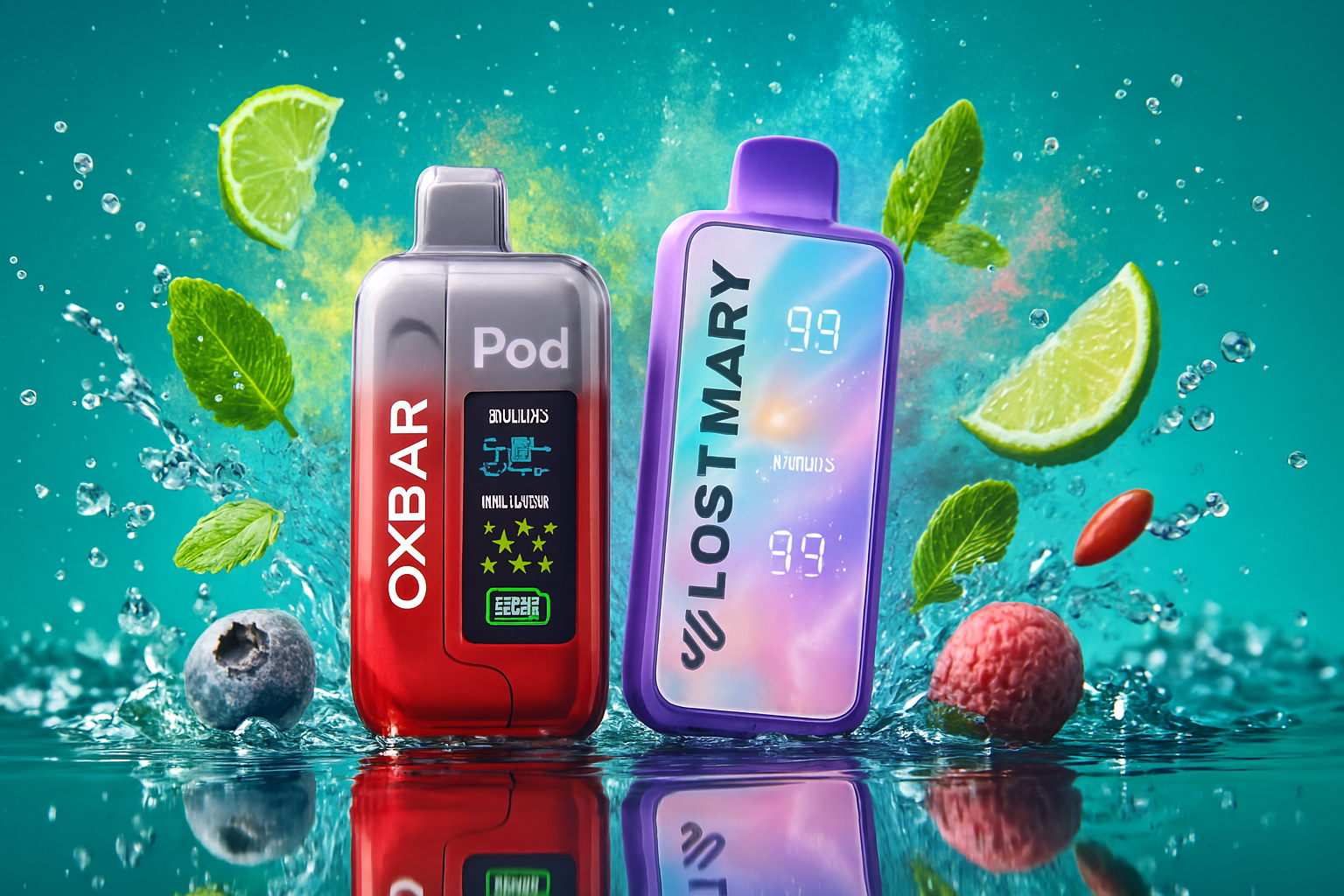Two vibrant vape devices stand upright on a glossy water surface, surrounded by dynamic splashes and fresh fruits. The left device, labeled “OXBAR Pod,” features a bold red-and-black design with the flavor “Mint Lush Ice” and a five-star rating. On the right, the “LOST MARY” vape showcases a sleek gradient finish and dual digital displays reading “99.” Lime slices, blueberries, raspberries, and mint leaves accentuate the scene, while a teal backdrop with droplets and motion effects amplifies the ultra-refreshing, energetic atmosphere.