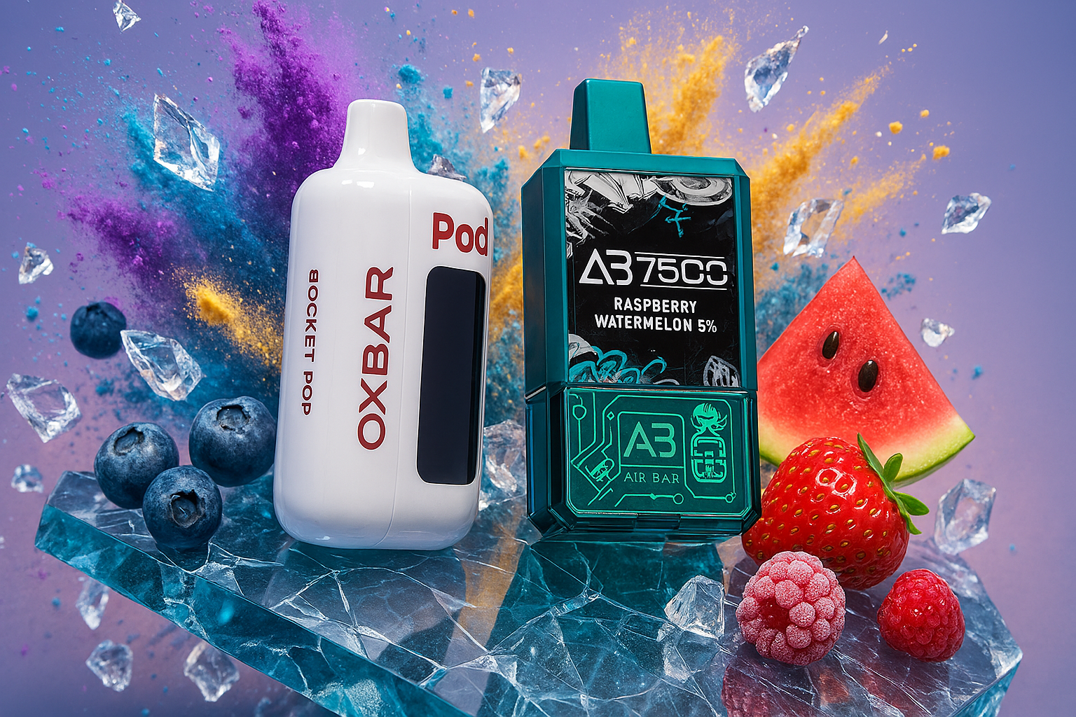 The image features two sleek vaping devices resting on a cracked ice surface, surrounded by vibrant fruits like blueberries, strawberries, raspberries, and a slice of watermelon. One device, labeled
