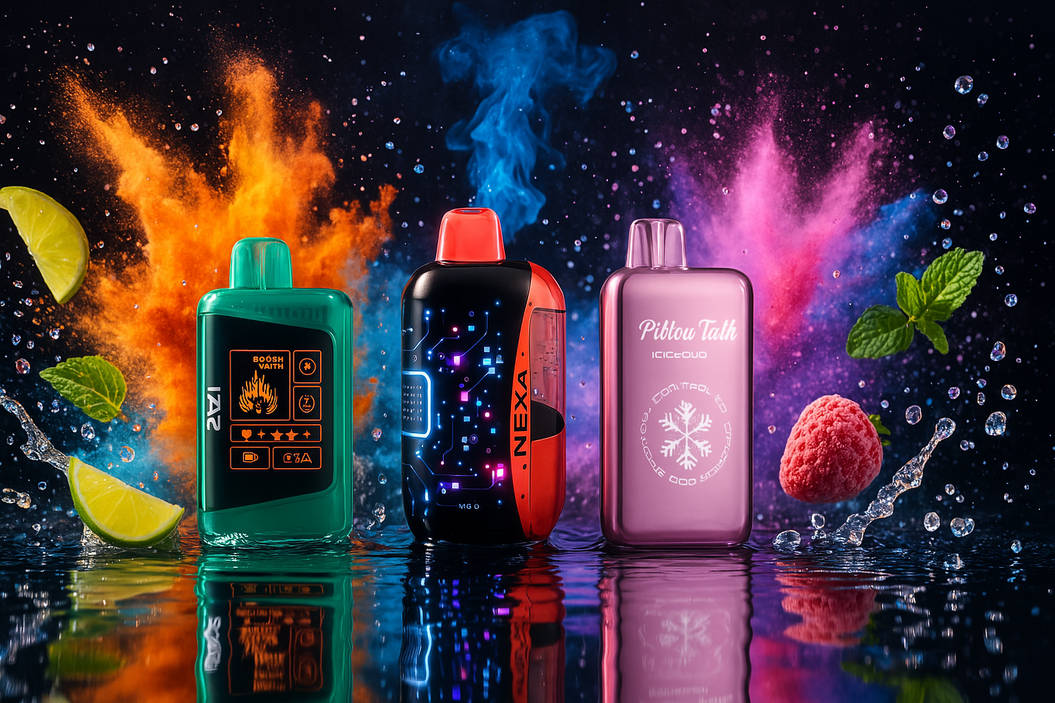 The image showcases a vibrant and energetic composition featuring three uniquely styled vape devices arranged side by side. Each device boasts distinct branding and design elements: the left one is a vivid green with playful icons and the text