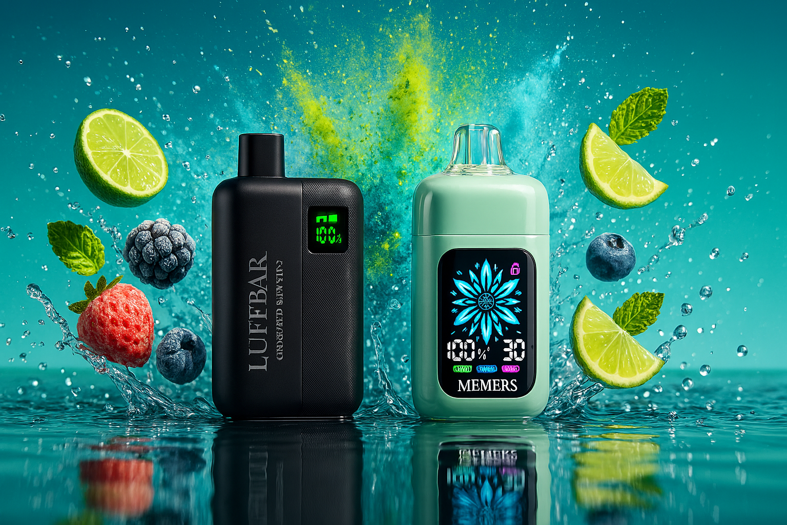 The image features two sleek vaping devices—one black labeled “LUFTBAR” with a green digital screen showing “100%,” and the other mint green labeled “MEMERS” with a vibrant floral-patterned display reading “100%” and “30.” They rest on a reflective surface surrounded by splashes of water, lime slices, mint leaves, blueberries, blackberries, and a strawberry. The composition blends high-tech elegance with refreshing natural elements, evoking a sense of coolness, flavor, and dynamic energy.