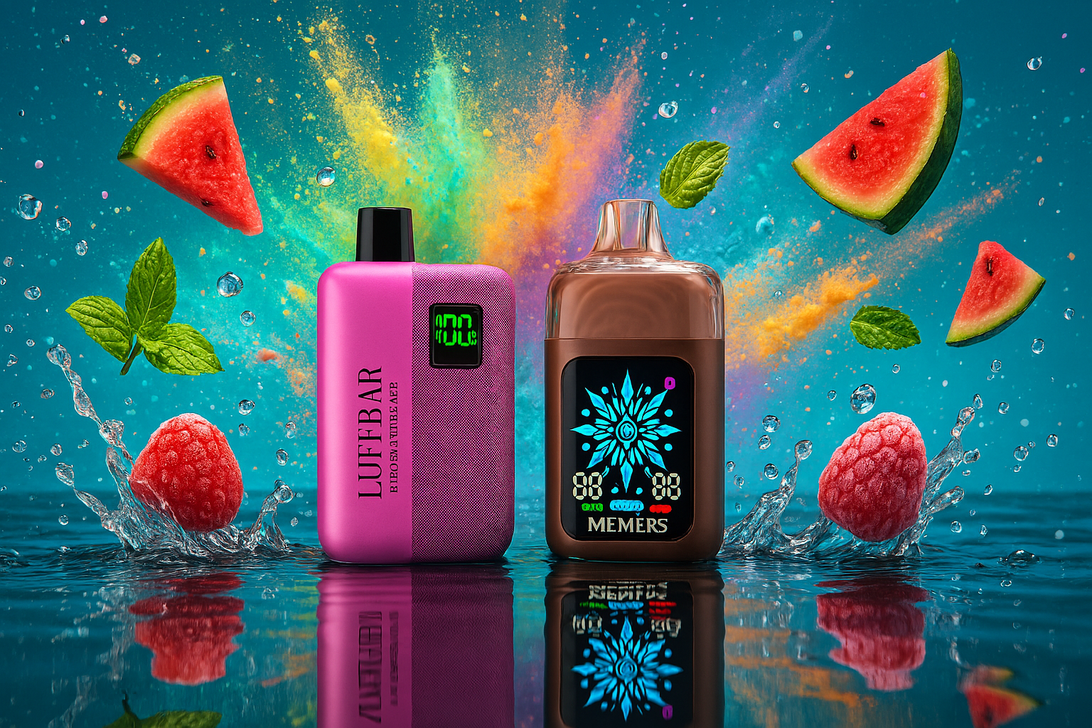 The image displays two eye-catching vape devices set against a lively, splash-filled backdrop. The pink device on the left, labeled