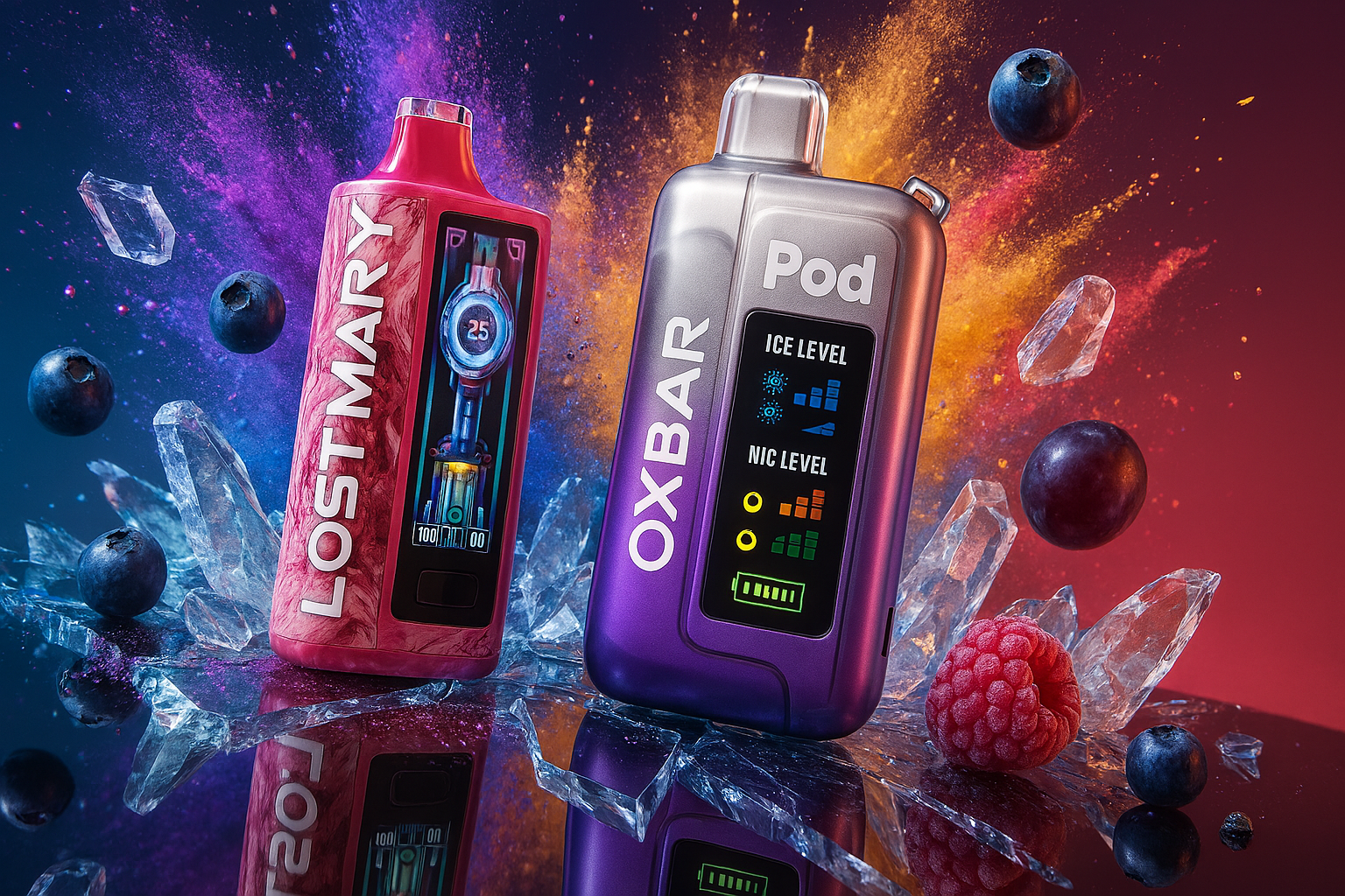 Two sleek vaping devices rest on a glossy, reflective surface surrounded by shards of ice, blueberries, and a single raspberry, evoking a sense of icy freshness and vibrant energy. The left device, labeled
