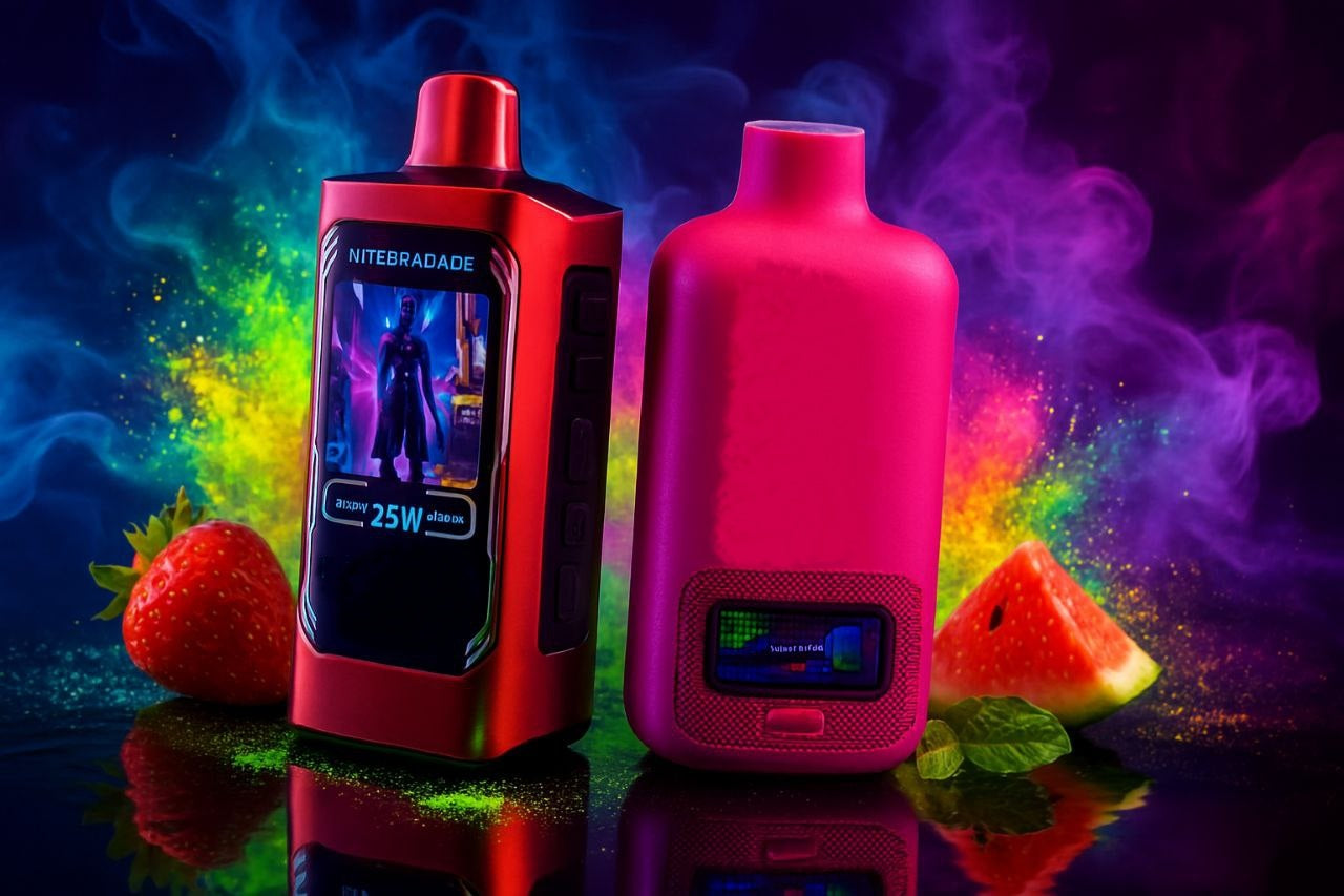 The image showcases two boldly styled vape devices set against a vivid backdrop of fruit and vapor. On the left, a striking red device displays the name “NITEBRADADE,” a dynamic image of a futuristic figure, and the power rating “25W,” all glowing from its digital screen. To its right, a softer pink device features a smaller screen with faintly visible text, adding an air of mystery. Surrounding both are ripe strawberries and a juicy watermelon slice, while colorful plumes of vapor swirl dramatically in the background—creating a rich, energetic composition that blends modern tech with fresh, summery flair.