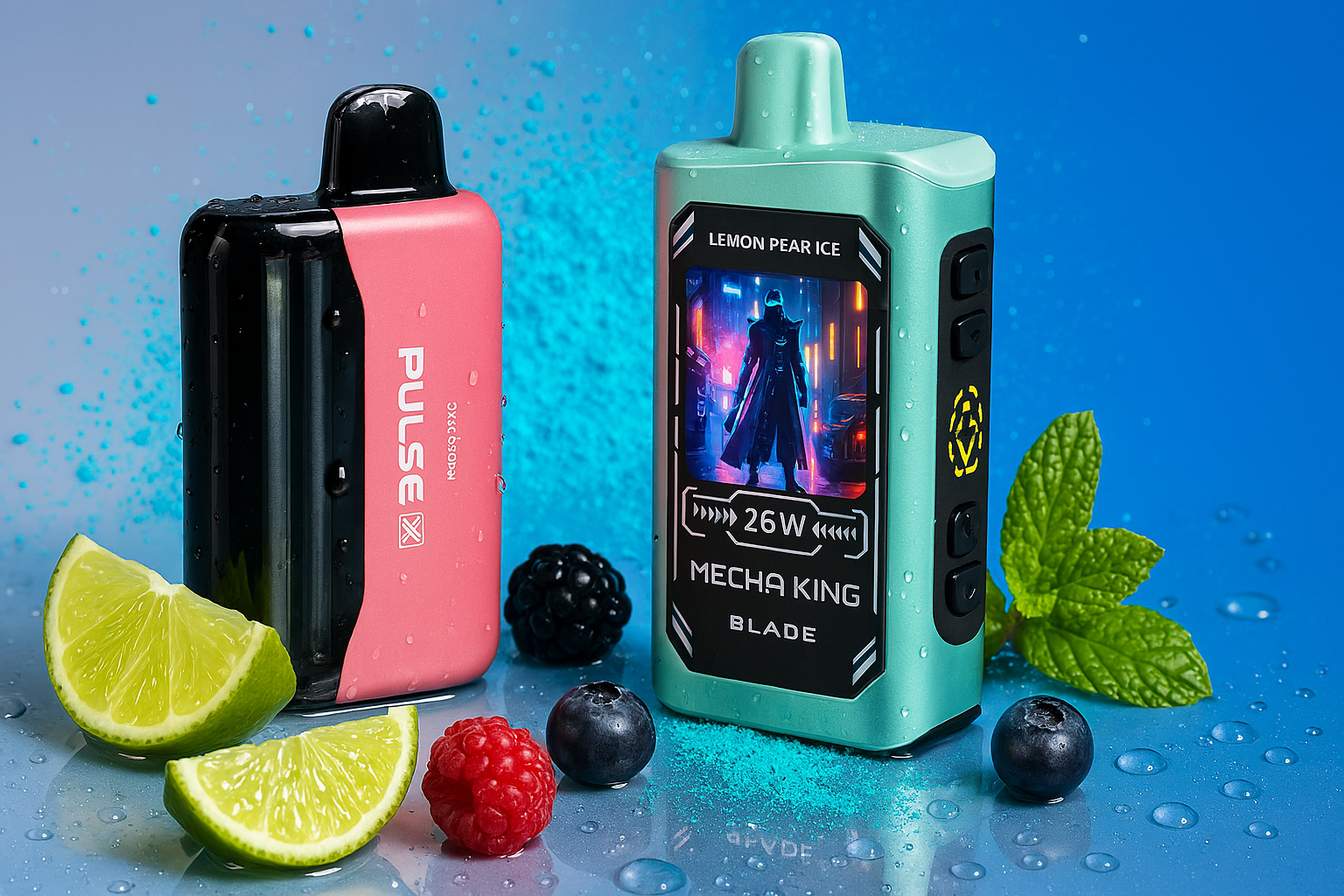 Two sleek vape devices rest on a vibrant blue surface scattered with fresh fruit and mint leaves. The left device, in pink and black, is labeled “PULSE” with “2% Nicotine,” while the right one features a bold digital display showing a futuristic character alongside the text “LEMON PEAR ICE,” “26W,” “MECHA KING,” and “BLADE.” Surrounding them are slices of lime, a raspberry, a blueberry, and sprigs of mint, all accentuated by a dynamic splash of blue powder that adds a sense of icy freshness and energetic motion.