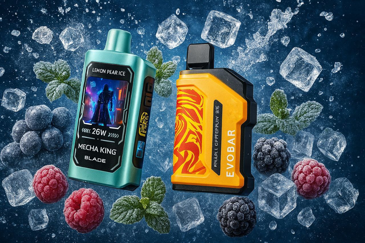 Two sleek vaping devices are dramatically staged against an icy blue backdrop, surrounded by glistening ice cubes, fresh mint leaves, and a vibrant mix of berries—raspberries, blueberries, and blackberries. The left device, boldly labeled