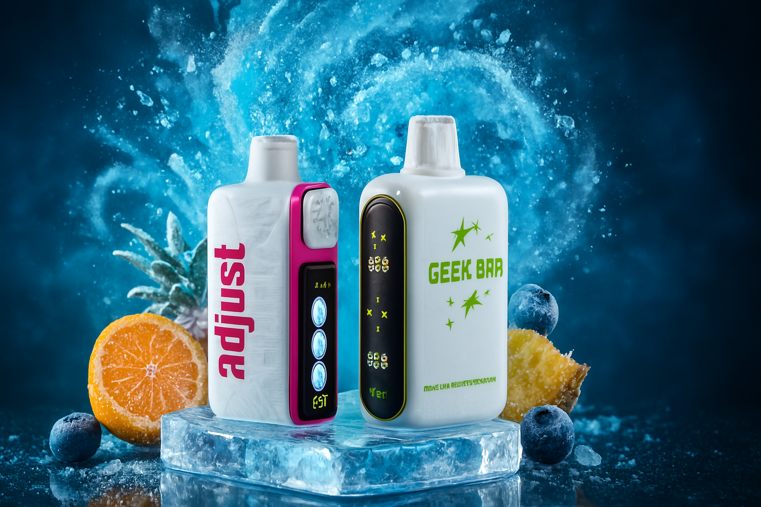 The image captures a refreshing, icy composition featuring two vibrant vape devices resting atop a block of ice. On the left, the device showcases bold red vertical text reading “adjust,” while the right one is marked with playful green typography, “GEEK BAR,” accompanied by star graphics. Both screens display a mix of symbols and numeric indicators, adding a tech-forward aesthetic. Surrounding the devices are juicy blueberries and golden pineapple chunks, with a dynamic splash of water in the background—infusing the scene with cool energy and tropical vibrance.