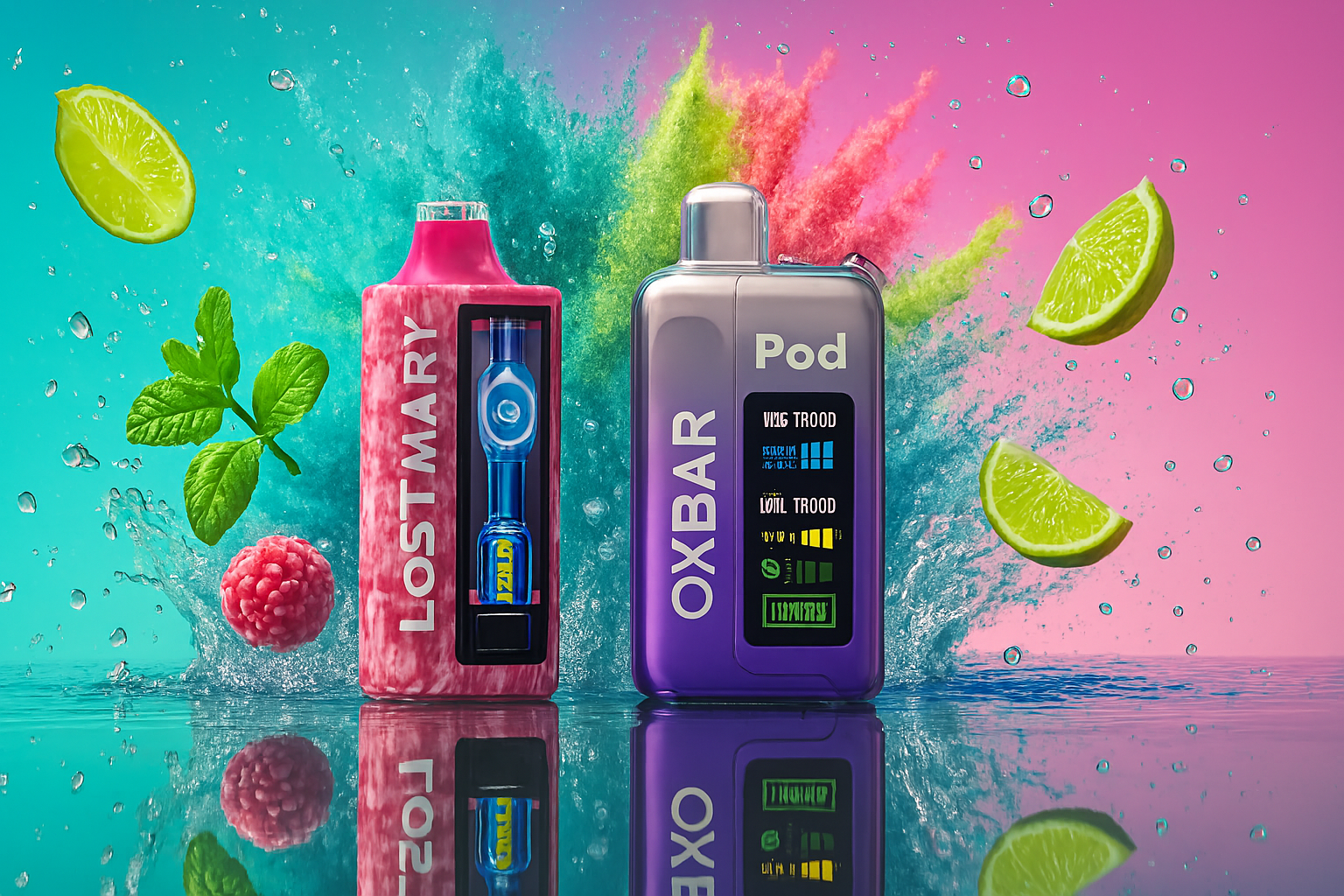 The image features two vividly designed vaping devices set against a dynamic, splash-filled backdrop. The pink “LOST MARY” device reveals a blue internal component through a transparent section, while the purple “OXBAR Pod” device showcases a digital screen with various indicators and text. Surrounding them are fresh fruit accents—lime slices, a raspberry, and mint leaves—interspersed with water droplets and vibrant splashes of blue, green, and pink. The composition bursts with energy and freshness, blending sleek technology with a playful, flavor-rich aesthetic.