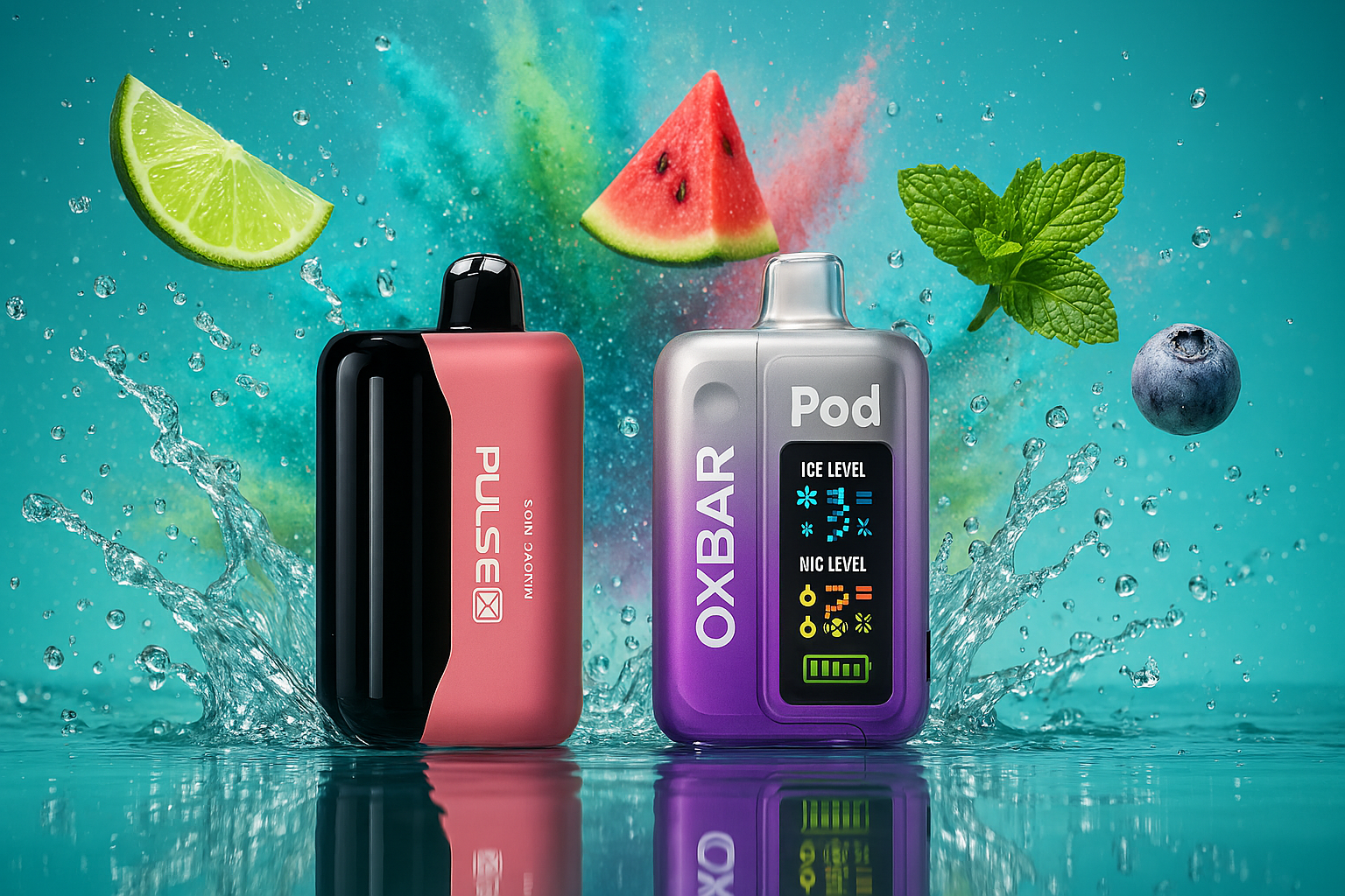 The image features two eye-catching vape devices standing upright on a glossy, reflective surface, surrounded by dynamic splashes of water and vibrant fruit elements. The left device, labeled