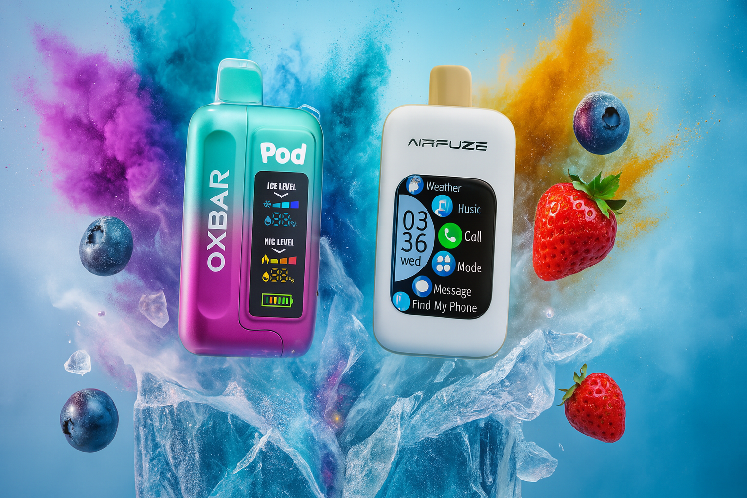 The image presents two futuristic electronic devices set against a vivid, high-energy backdrop of splashing ice, colorful powder bursts, and fresh fruits like strawberries and blueberries. On the left is the