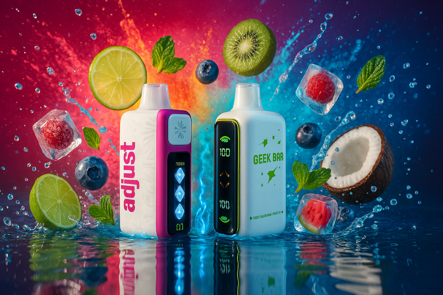 The image showcases a vibrant, summery scene with two vape devices artfully placed among fresh fruits, mint leaves, and glistening ice cubes. The left device, labeled “adjust,” has a sleek pink-and-white design and displays the word “Mojer” with glowing diamond icons. The right, branded “GEEK BAR,” features a clean white-and-green style with dual “100” indicators. Surrounding them are slices of lime, kiwi, coconut, blueberries, and watermelon, along with frozen raspberries encased in ice. Mint leaves and scattered water droplets add a sense of cool freshness, while the radiant background gradient of red, orange, blue, and purple infuses the composition with dynamic energy and tropical allure.