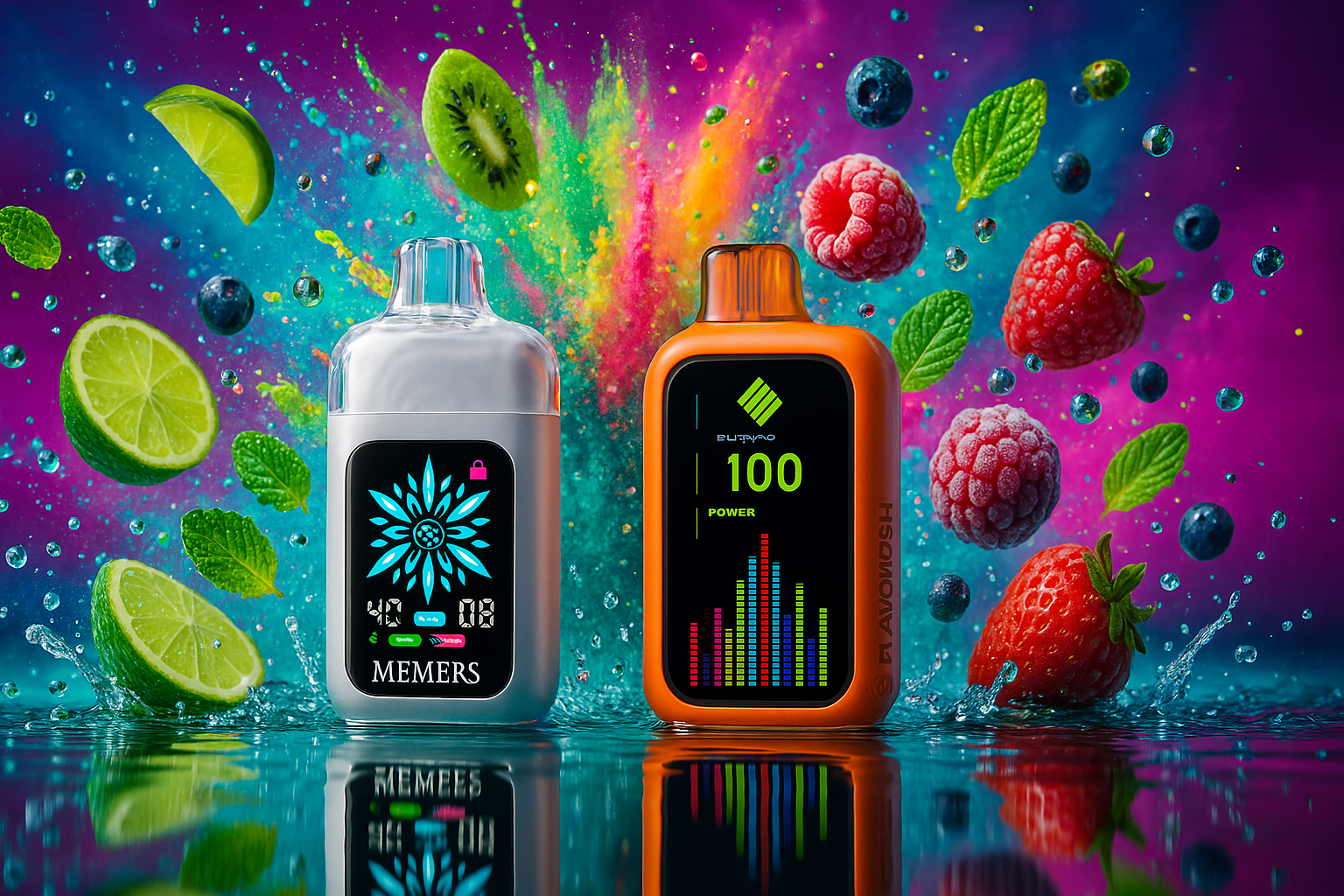 The image showcases a bold and colorful vape-themed arrangement. Two distinct vape devices rest on a bed of shimmering ice cubes, surrounded by ripe fruits—blueberries, a raspberry, a strawberry, and The image presents a lively and futuristic composition featuring two vape devices surrounded by a vibrant burst of fruits and color splashes. On the left, a sleek silver device displays an elegant blue floral pattern with the word “MEMERS” and digital icons, adding a sophisticated, almost ethereal touch. On the right, a bold orange device showcases a vivid green logo, the number “100,” and the word “POWER,” enhanced by a colorful bar graph that exudes intensity and energy. Scattered around are slices of lime and kiwi, juicy raspberries, strawberries, blueberries, and fresh mint leaves—all set against a rich, dynamic background filled with paint-like splashes and liquid motion, creating a visually striking scene full of vitality and sensory impact.a vibrant lemon slice. On the left, the
