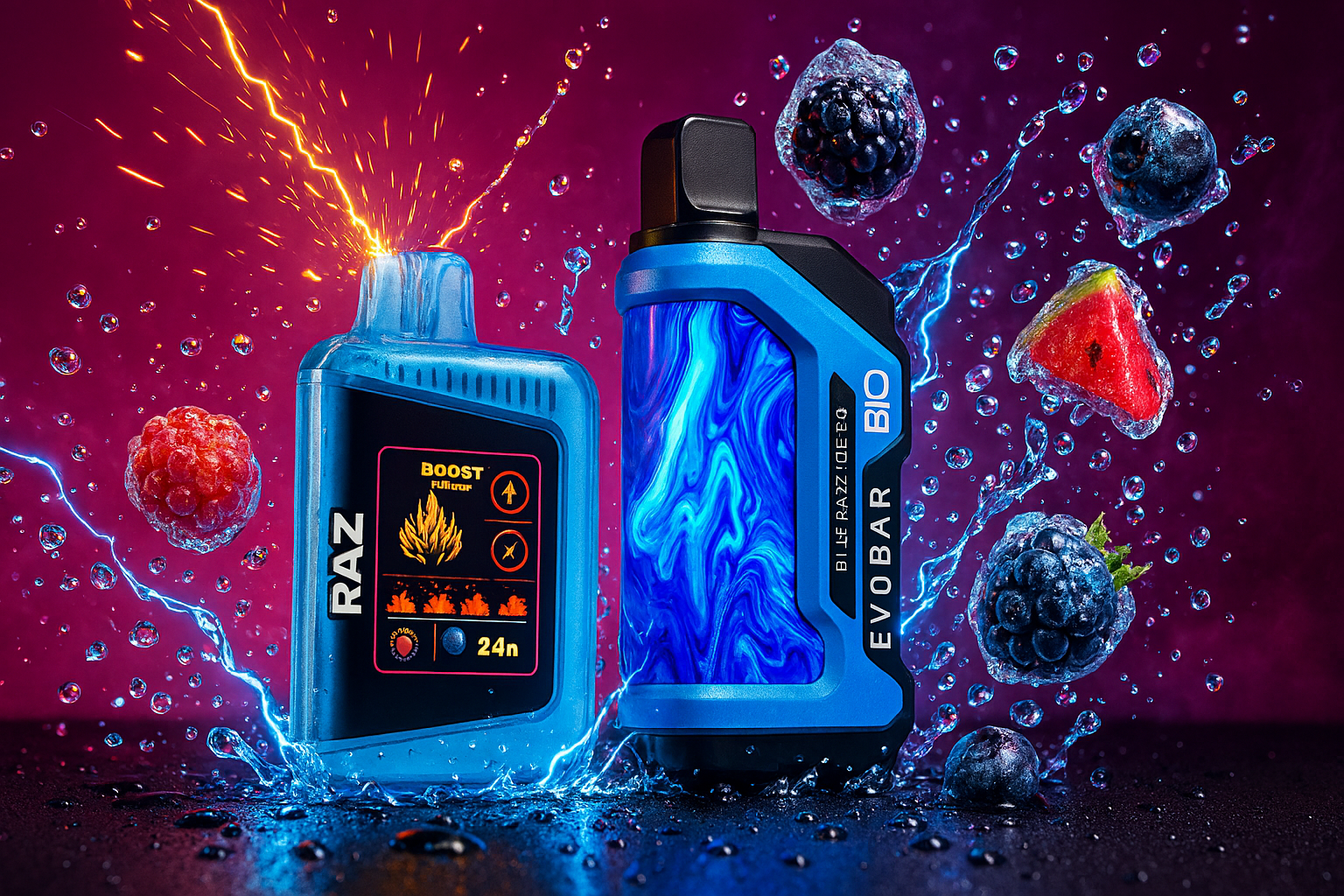 The image features two sleek vaping devices set against a vivid, high-energy backdrop. On the left, the