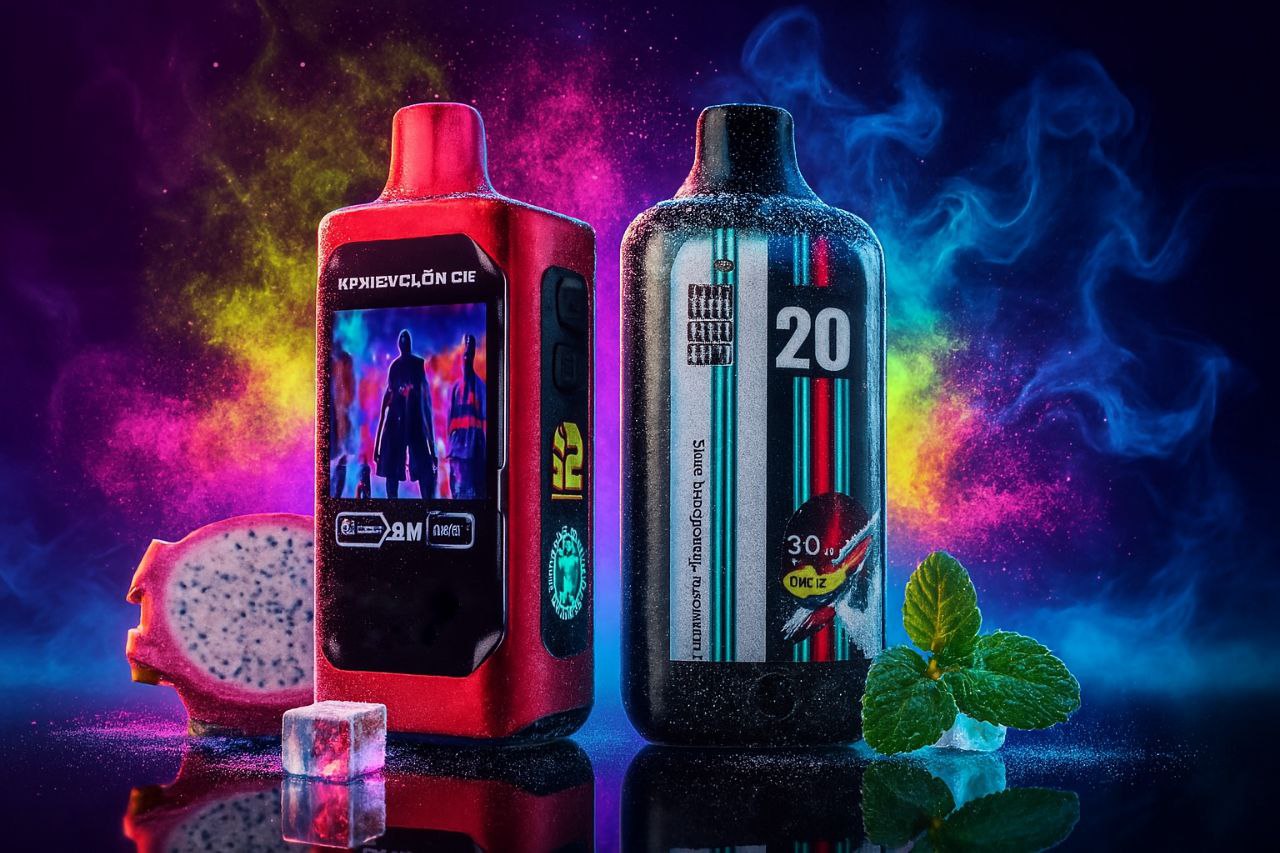 The image features two sleek vape devices positioned side by side against a vibrant, smoky backdrop. The left device is red with a screen displaying a stylized figure, adding a futuristic touch. The right device is black with dynamic, colorful stripes and prominent numbers (