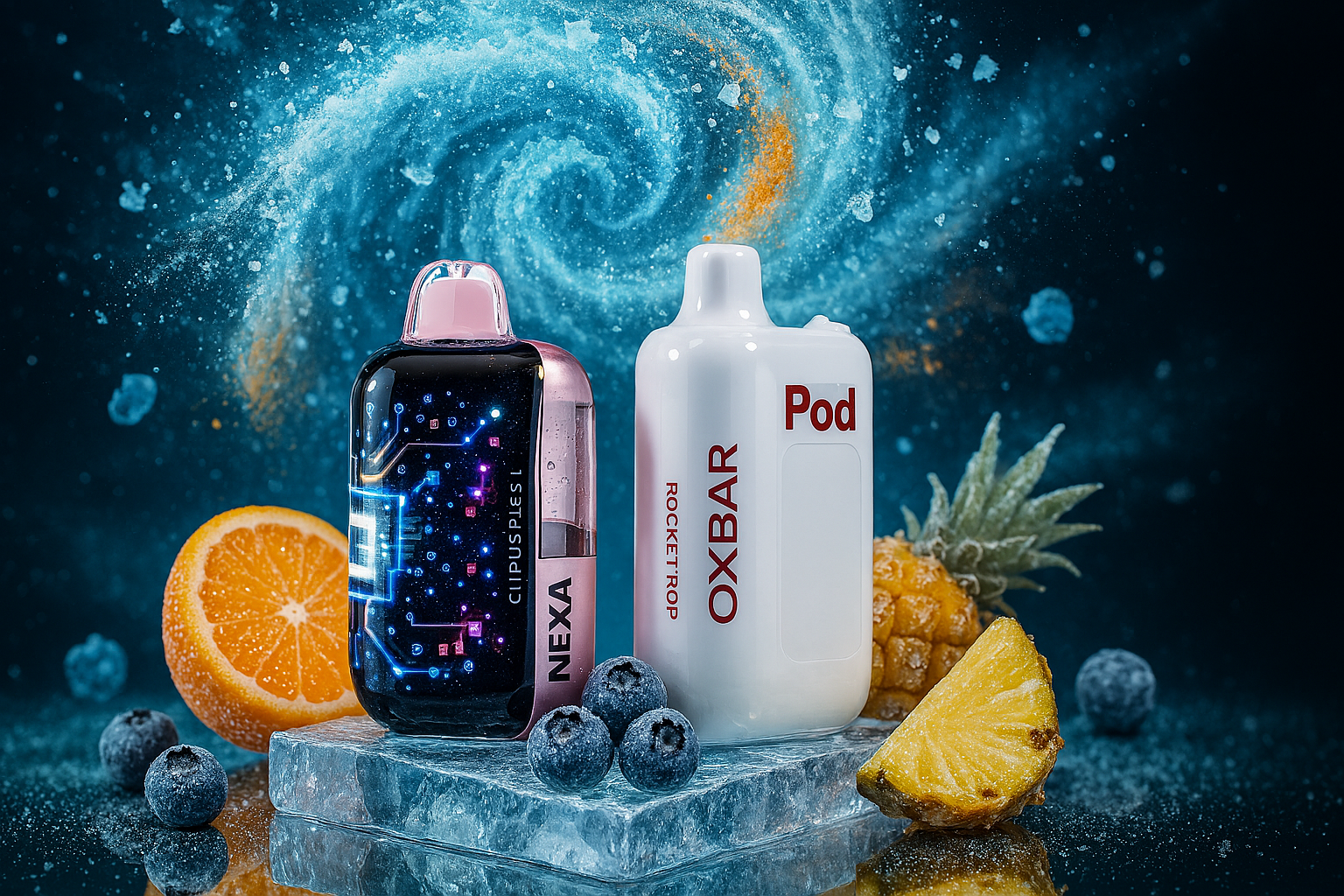 The image features two vape pods—one labeled