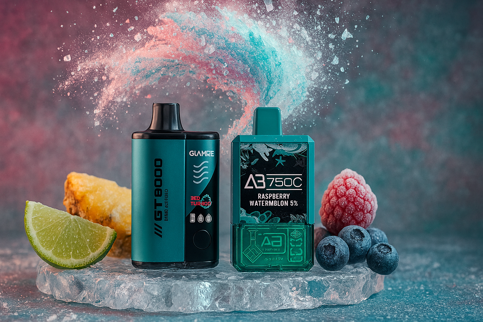 The image presents two vaping devices resting on a bed of ice, surrounded by an assortment of fresh fruits including a lime wedge, pineapple slice, raspberry, and blueberries. The left device, labeled