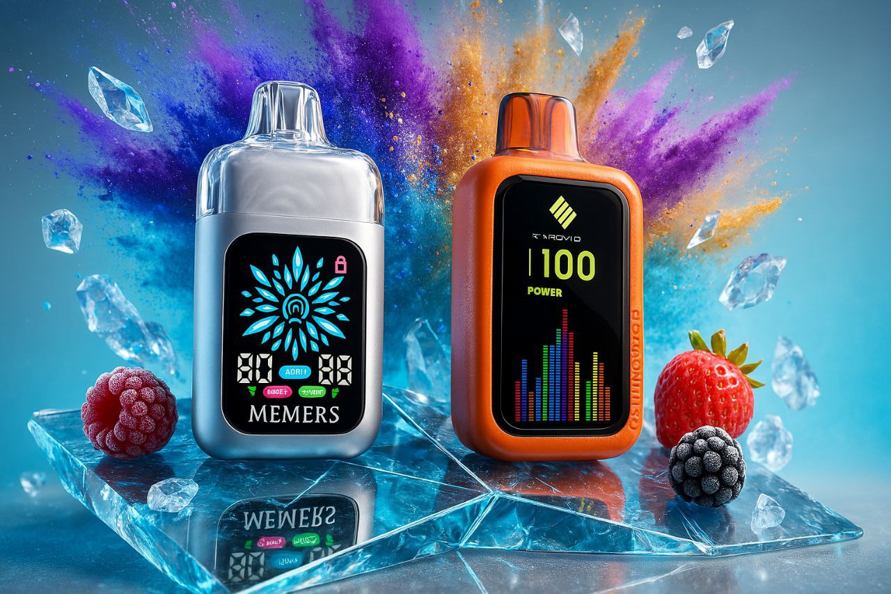 The image presents a captivating and vibrant scene where two sleek electronic devices are arranged on a glass-like surface scattered with delicate ice crystals and fresh fruits—a raspberry, strawberry, and blackberry. The silver device on the left features a display with a soft blue floral motif and the branding “MEMERS,” along with subtle icons and numbers that hint at its refined functionality. On the right, a bold orange device marked “AROVID” showcases a digital bar graph alongside the label “100 POWER,” projecting a sense of energy and precision. The background erupts with dramatic splashes of blue, purple, and orange powder, infusing the composition with dynamic movement and a rich, celebratory atmosphere.