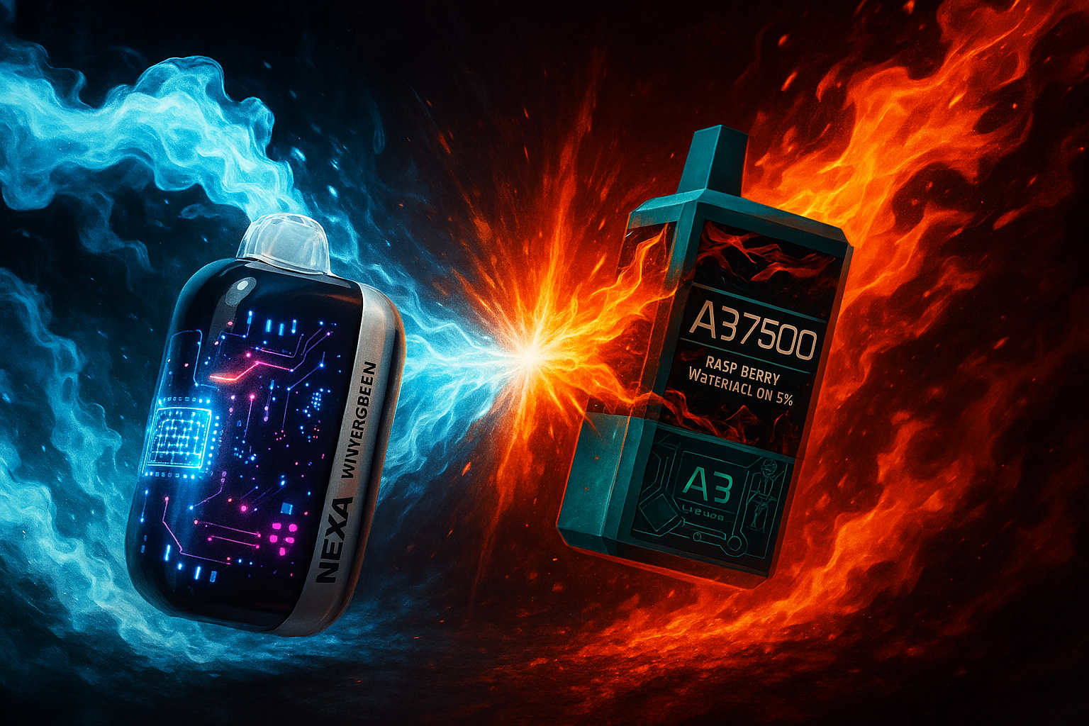 The image presents a dramatic face-off between two electronic vaping devices, each enveloped in contrasting energy effects. On the left, the