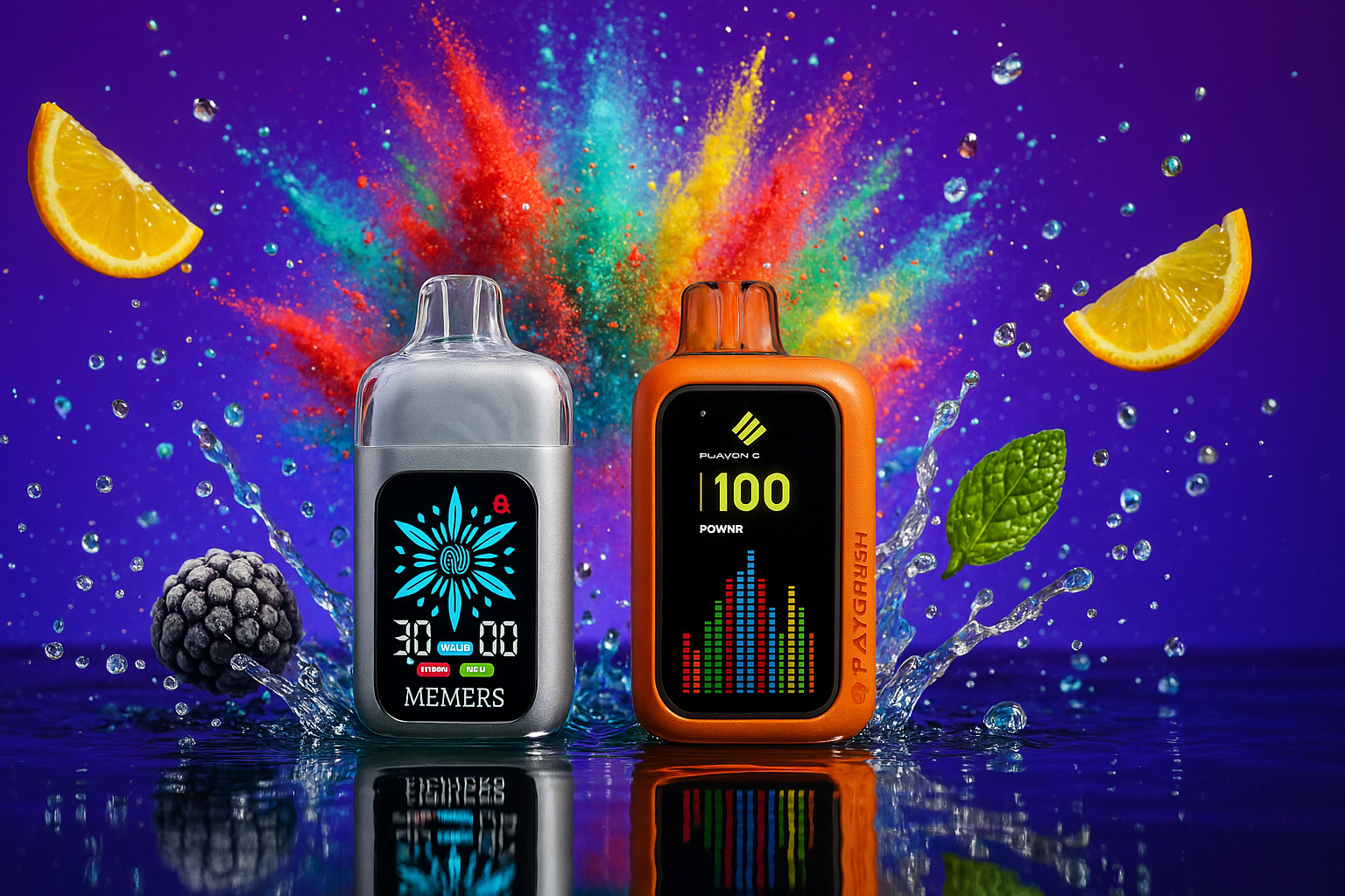 The image features two sleek vape devices positioned side by side against a vivid, energetic backdrop. One device is silver with a digital display showing a blue floral motif and the label “MEMERS,” while the other is orange, displaying the word “POWNR” alongside a vibrant equalizer graphic. Surrounding them are dynamic splashes of water, fresh orange slices, a blackberry, and a mint leaf, all set against a rich purple background accented by a burst of colorful powder—evoking a sense of flavor explosion and sensory delight.