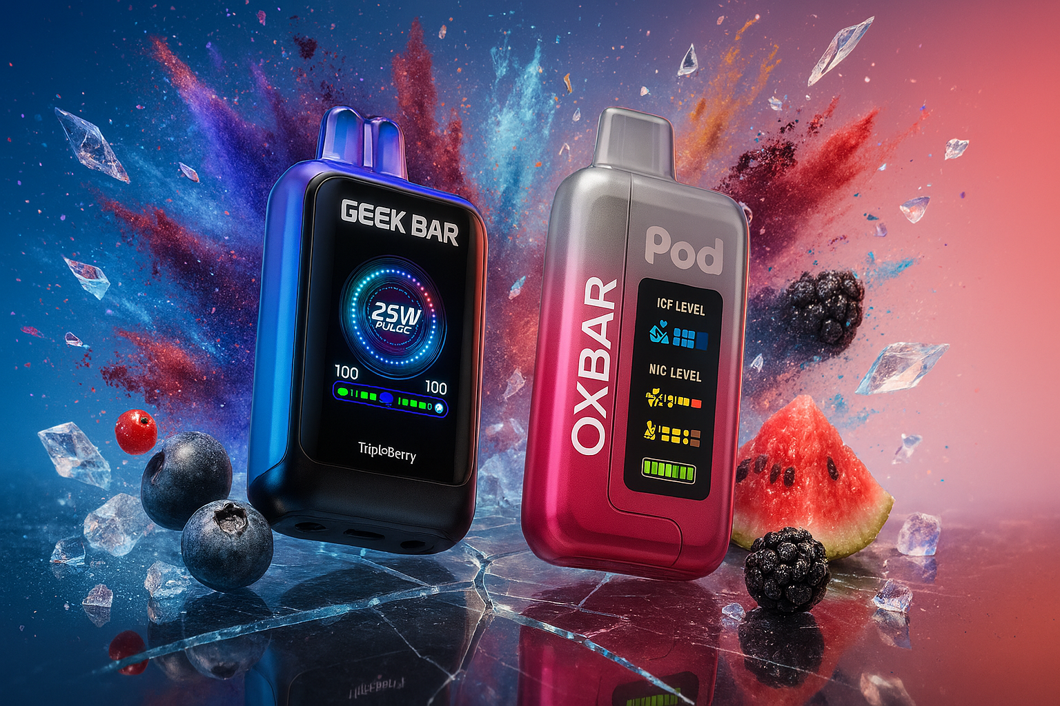 The image displays two vaping devices—one blue