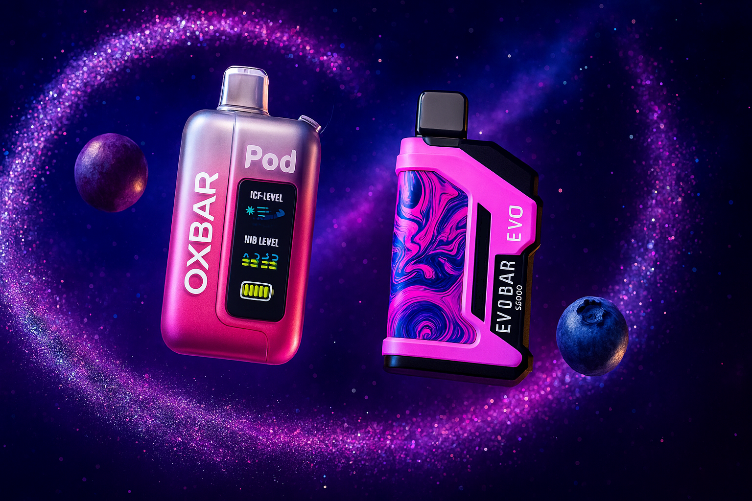 Two futuristic vape devices float against a cosmic backdrop of swirling purple and pink nebulae, creating a surreal and otherworldly atmosphere. The left device, labeled