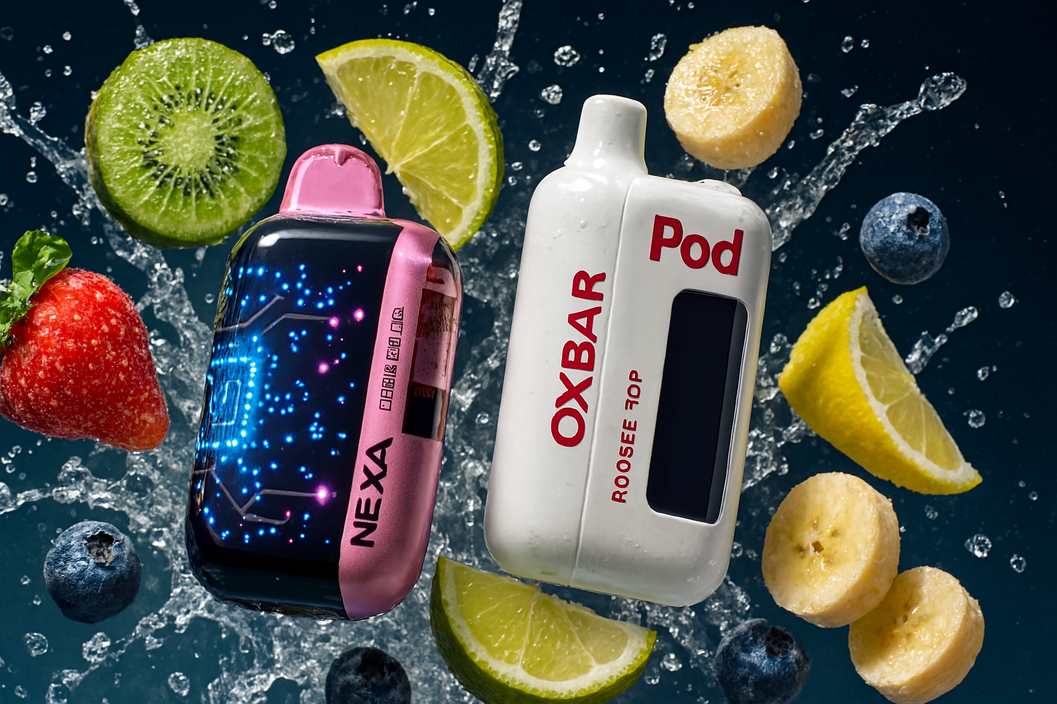 Two vibrant vape devices burst into view amid a splash of water and a lively mix of fruits, creating a scene full of freshness and energy. On the left, the NEXA device features a sleek digital display with a blue and pink gradient design, while on the right, the white OXBAR Pod ROOSEE TOP stands out with bold red text. Surrounding them are strawberries, blueberries, lime and banana slices, and a lemon wedge—all suspended in motion—emphasizing the fruity flavor profiles and dynamic appeal of the products. The composition radiates vitality, suggesting a multisensory vaping experience that’s both refreshing and indulgent.