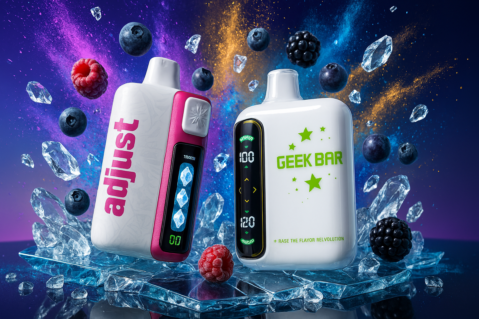 Two vibrant vaping devices are showcased amid a dynamic burst of frozen berries and ice crystals. The left device, labeled