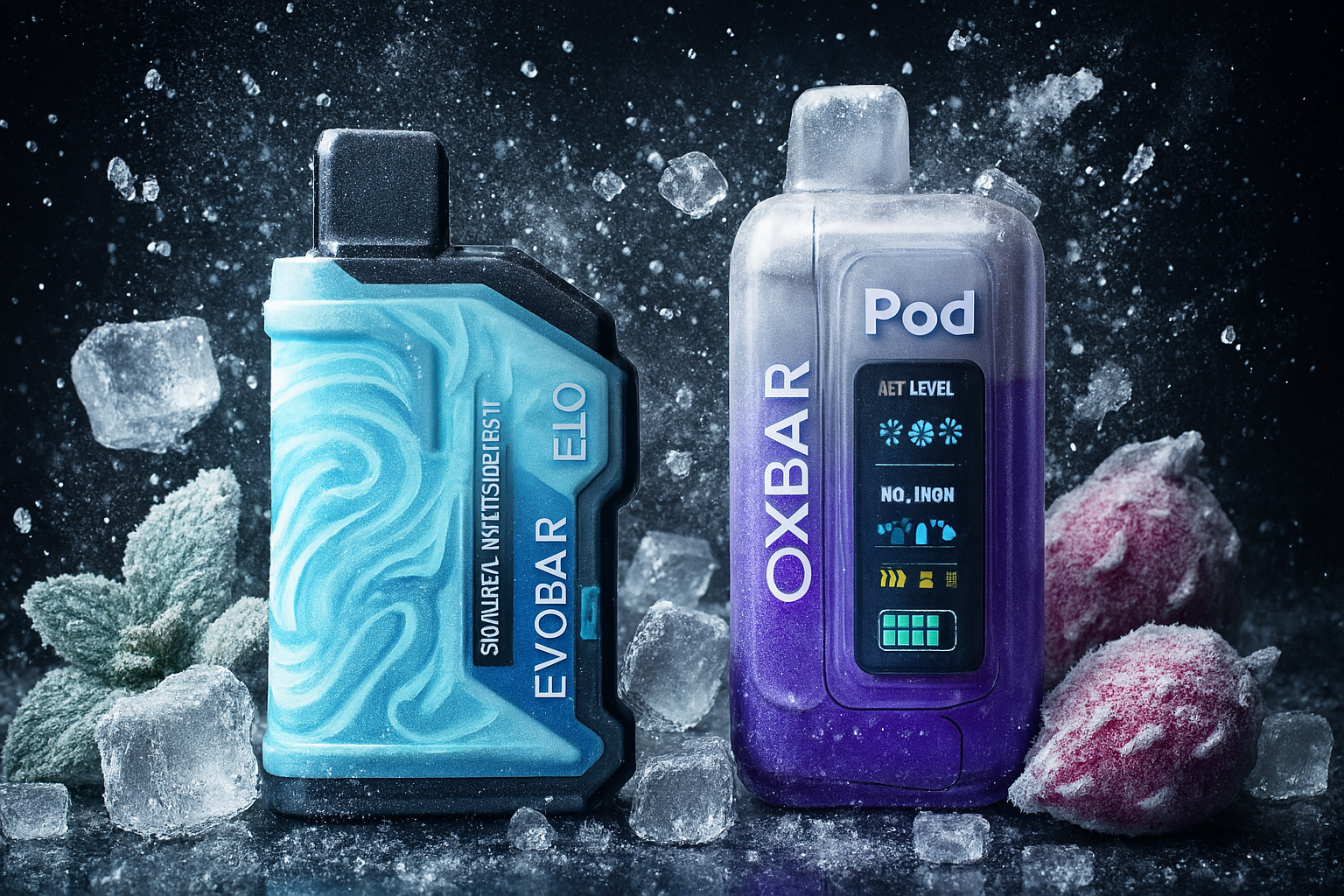 The image showcases two vaping devices nestled among ice cubes and frosted fruits, creating a distinctly cold and invigorating atmosphere. On the left, the “EVOBAR ELO” device features a blue, wavy design with the text “SIOMAREL NYSTINSIDERIST,” while the right-side “OXBAR Pod” device displays a digital screen with icons and phrases like “AET LEVEL” and “NO, INON.” Set against a dark background, the icy elements and chilled fruits amplify the sense of frosty freshness, giving the composition a sleek, high-impact visual appeal.