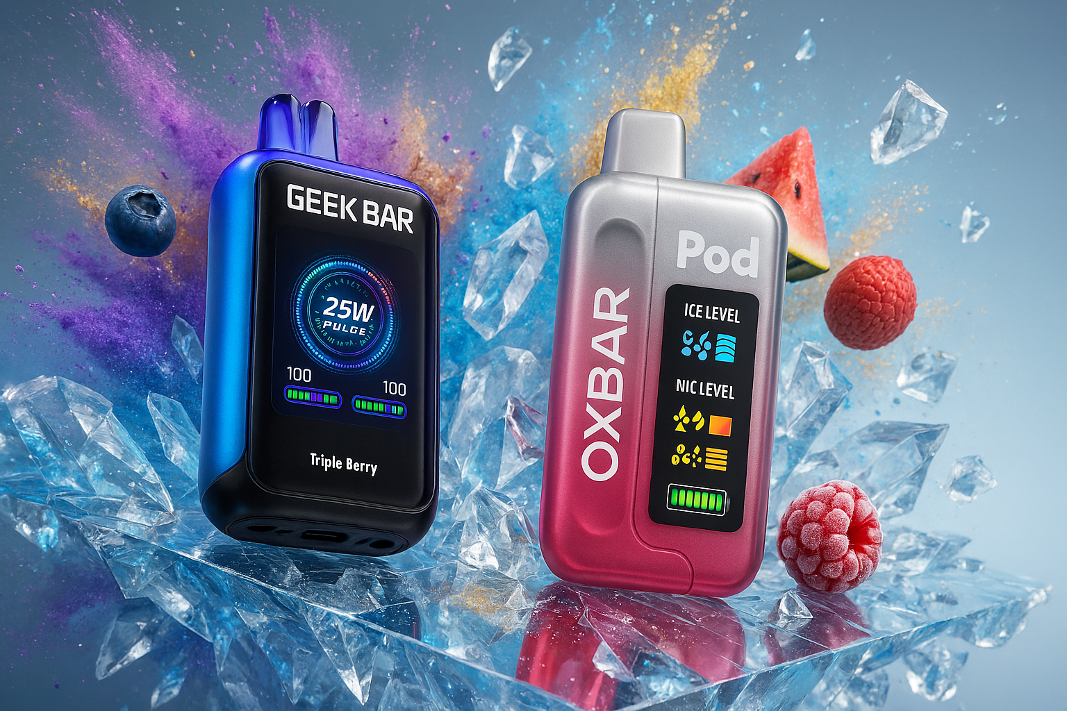 Two sleek vape devices rest atop a frosty ice surface, surrounded by glistening ice cubes and vibrant fruits like watermelon, raspberry, and blueberry. Behind them, a dramatic burst of purple, blue, and orange hues creates a sense of explosive freshness and energy. The