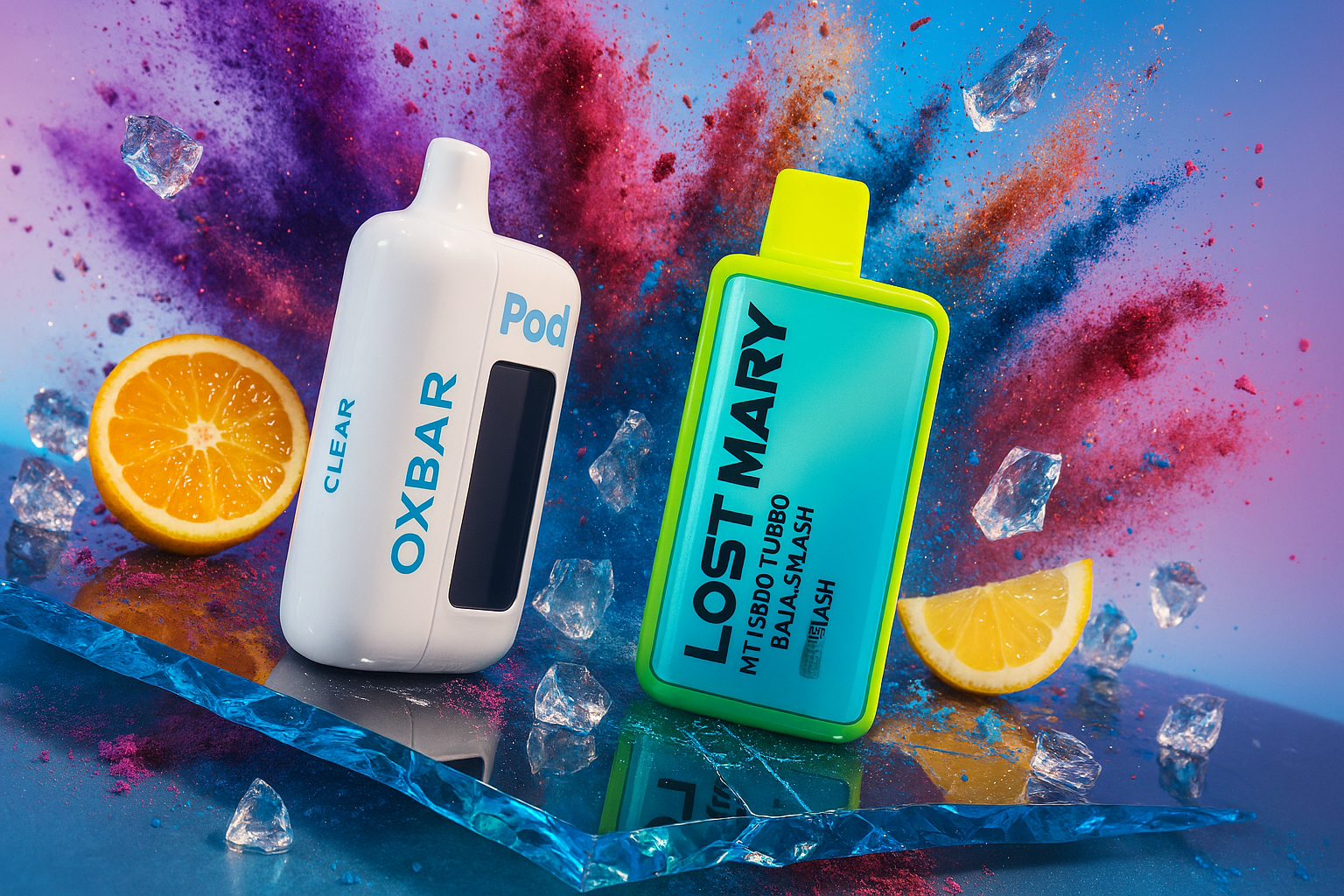 The image features two vibrant vaping devices—one white and blue