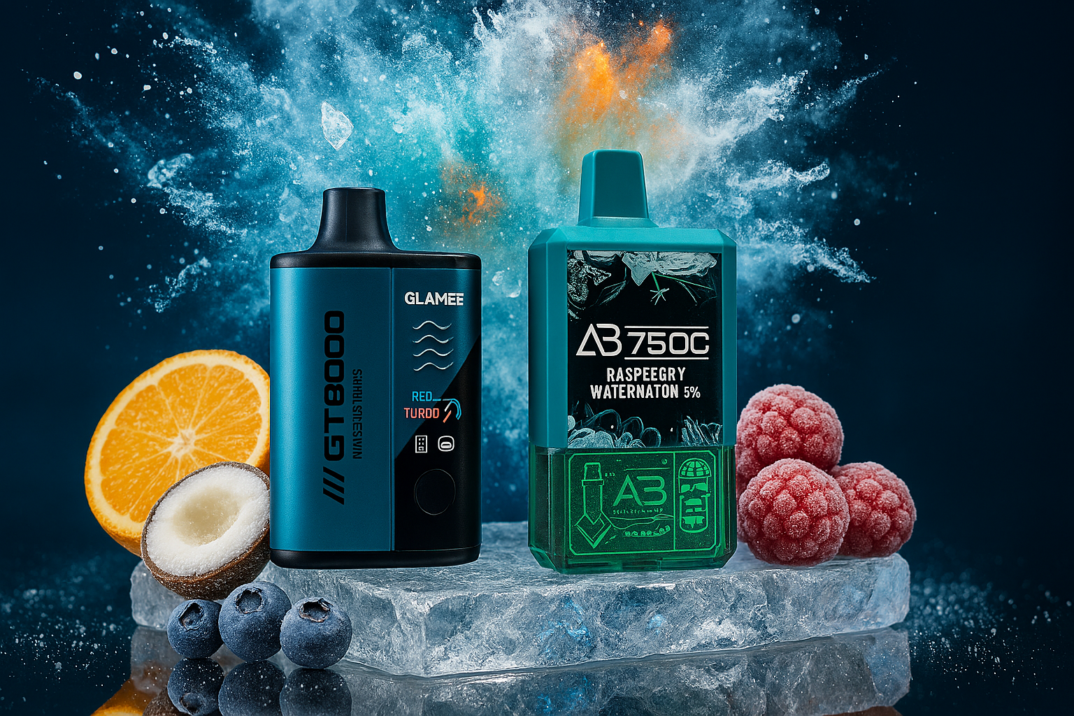 The image features two vibrant vaping devices displayed atop a block of ice, surrounded by an assortment of fresh fruits including a halved coconut, orange slice, blueberries, and raspberries. The left device, labeled