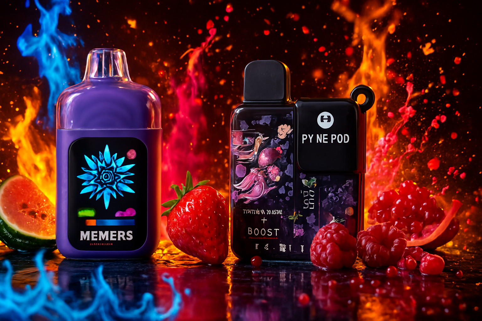 The image features two vividly designed vaping devices set against a striking backdrop of swirling blue and red flames. The left device is purple with a digital screen displaying a blue floral motif and the word