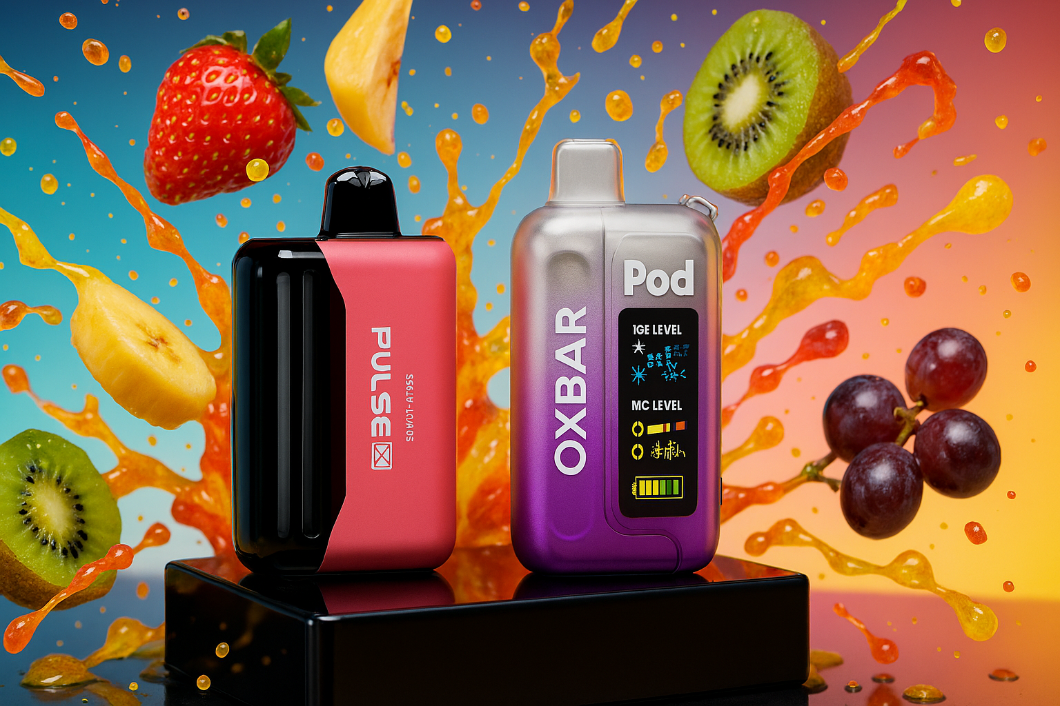 Two sleek vape devices are showcased on a black platform, surrounded by a vivid arrangement of fruits and energetic liquid splashes. The