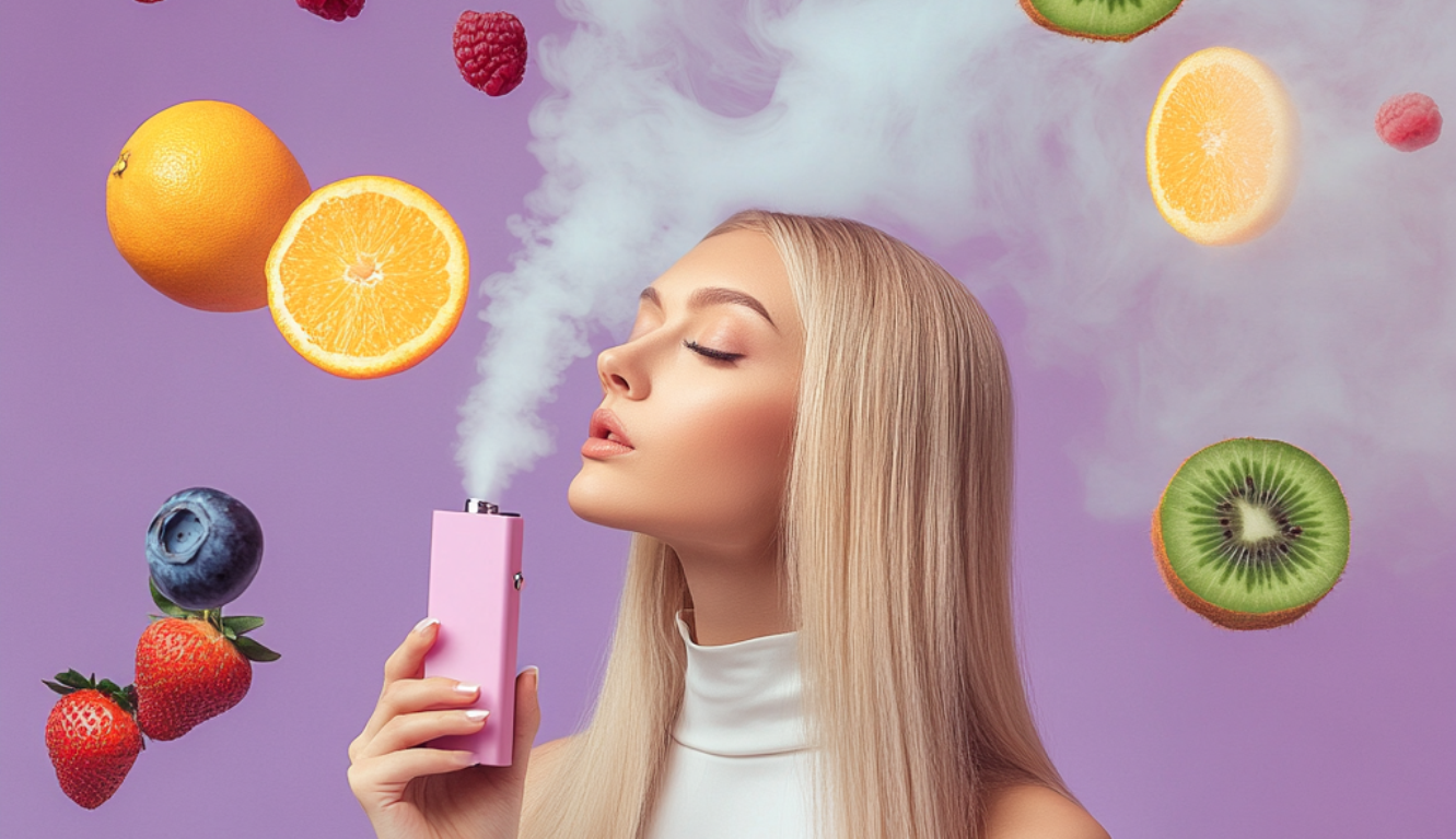 A young woman with very long, straight, platinum blonde hair is the central figure in the image, shown in profile facing left. Her eyes are closed as she holds a small, bright pink and silver vaping device to her lips and exhales a large cloud of white vapor that billows upwards, surrounded by an assortment of floating fruits. These include whole and sliced oranges, whole strawberries, blueberries, raspberries, and sliced kiwis. She is wearing a white turtleneck sweater. Her right hand holds the vape. The background is a soft lavender color. The lighting is bright and even, creating a whimsical and fruity aesthetic.