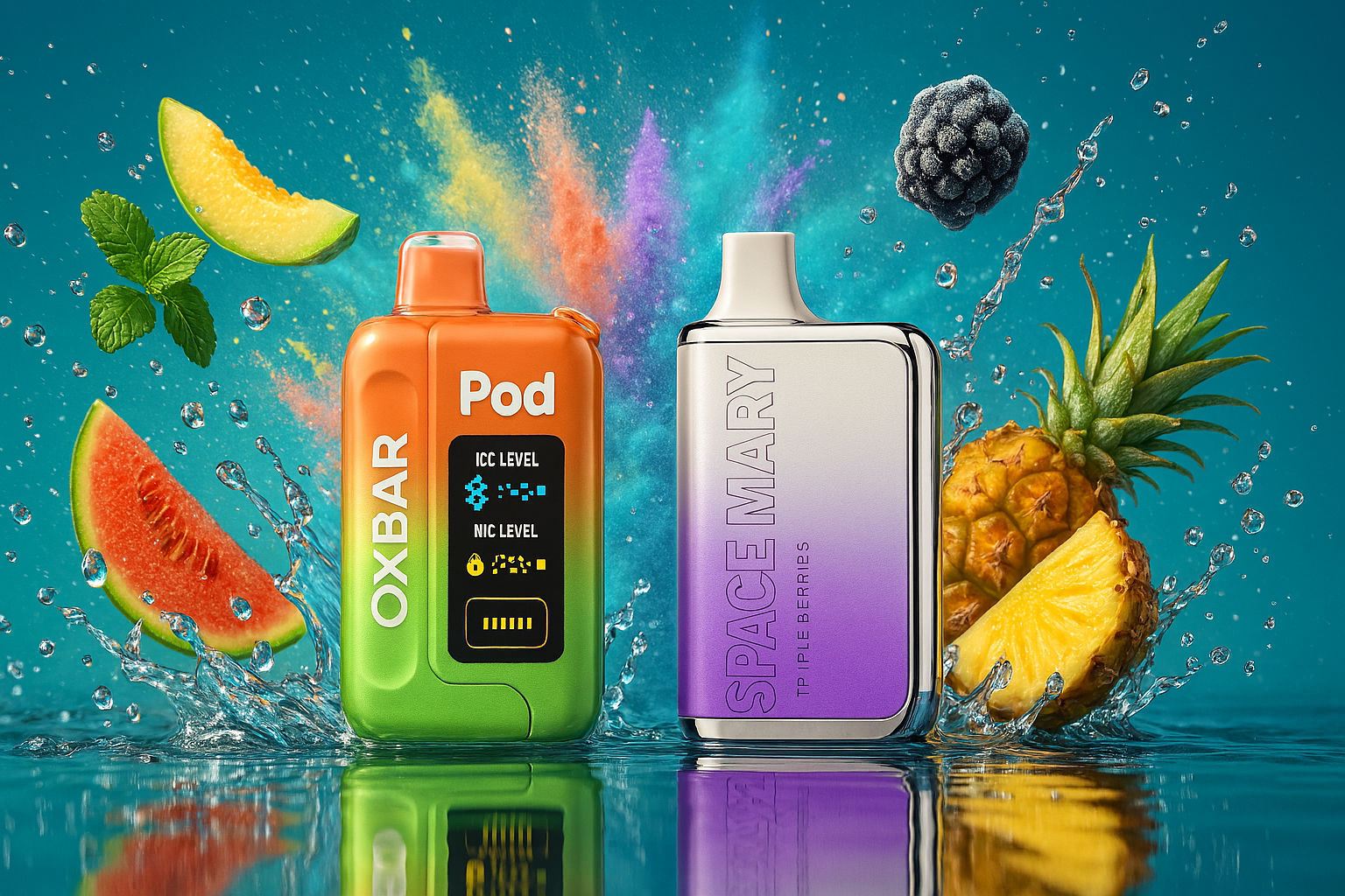The image showcases two vibrant vape devices surrounded by dynamic splashes of water and an explosion of colorful fruits. On the left, the